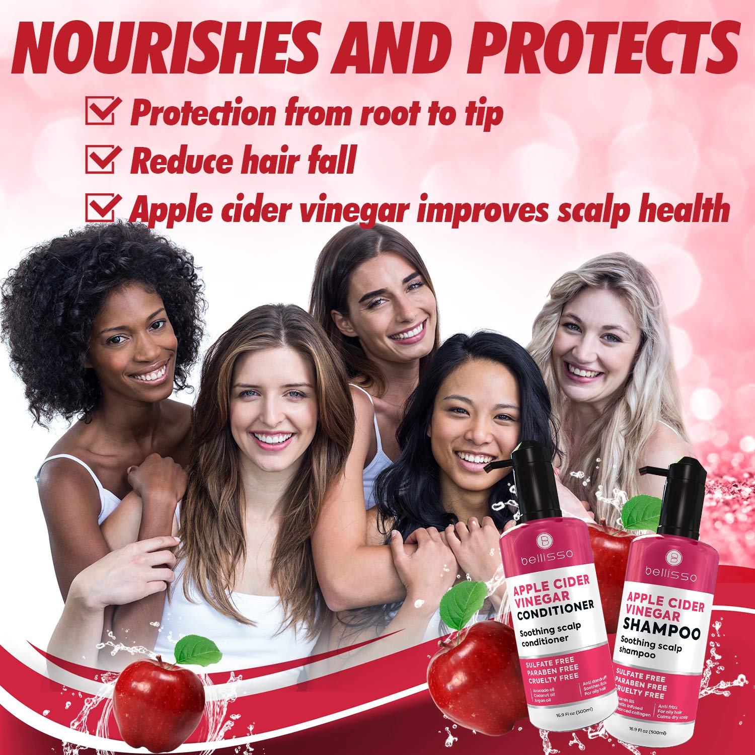 BELLISSO Apple Cider Vinegar Shampoo & Conditioner Set - Natural Anti Dandruff, Moisturizing & Nourishing Hair Care for Shine & Scalp Soothing - Paraben Free for Women & Men - Perfect for Dry, Itchy Scalp & Damaged Hair
