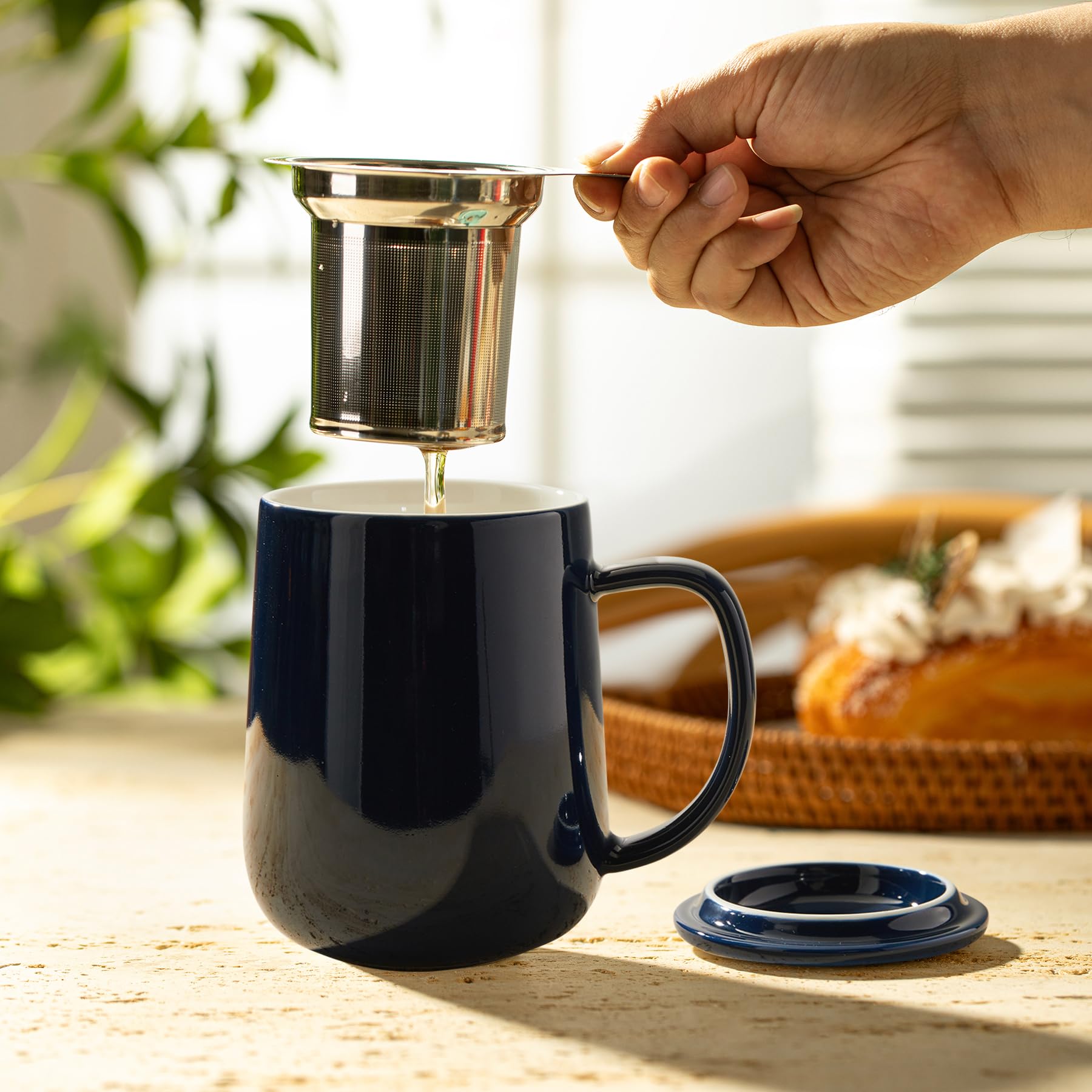 Sweese 20oz Porcelain Tea Cup with Infuser & Lid - Large Loose Leaf Tea Mug, Microwave & Dishwasher Safe, Insulated Modern Design - Perfect for Home, Office, Tea Parties & Relaxation