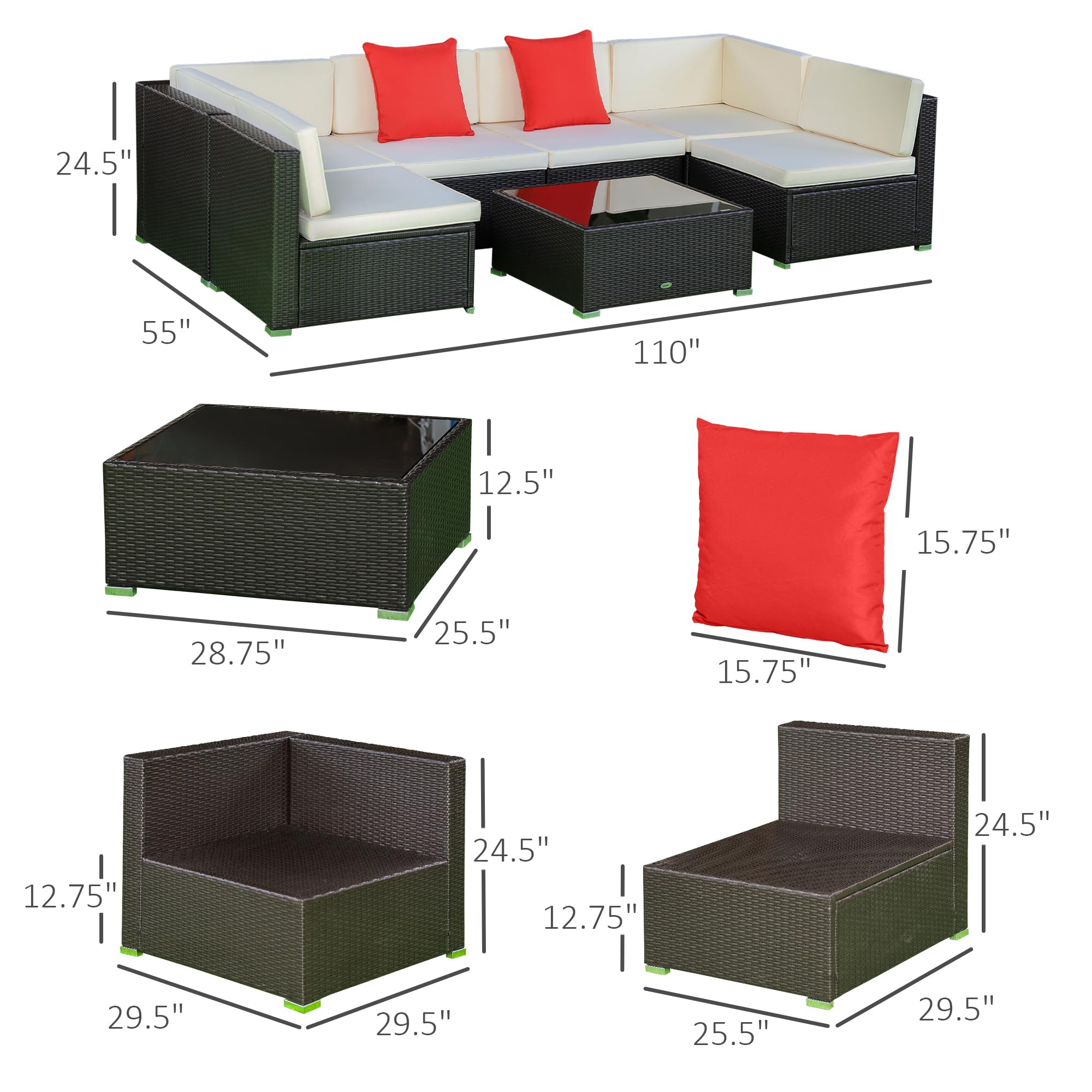 Outsunny 7-Piece Outdoor Patio Furniture Set - PE Rattan Wicker Sectional Sofa with Cushions, Throw Pillows & Coffee Table in Orange & Cream | Perfect for Backyard, Garden, Poolside & Patio Relaxation