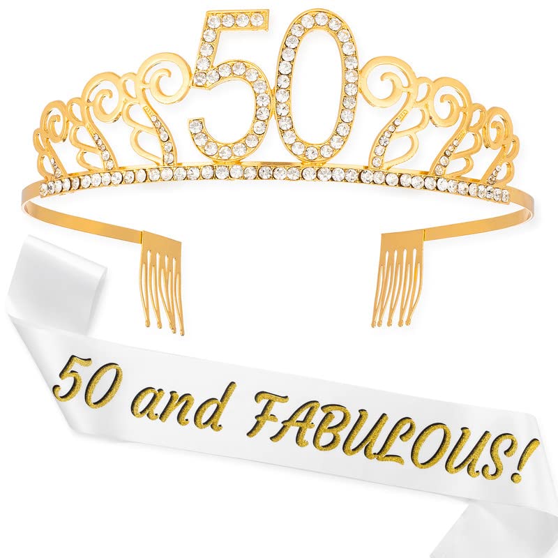 50th Birthday Sash and Crown Set - Gold '50 & Fabulous' Birthday Decorations for Women - Elegant 50th Birthday Party Supplies - Perfect for Milestone Celebrations, Bachelorette Parties & Photo Props