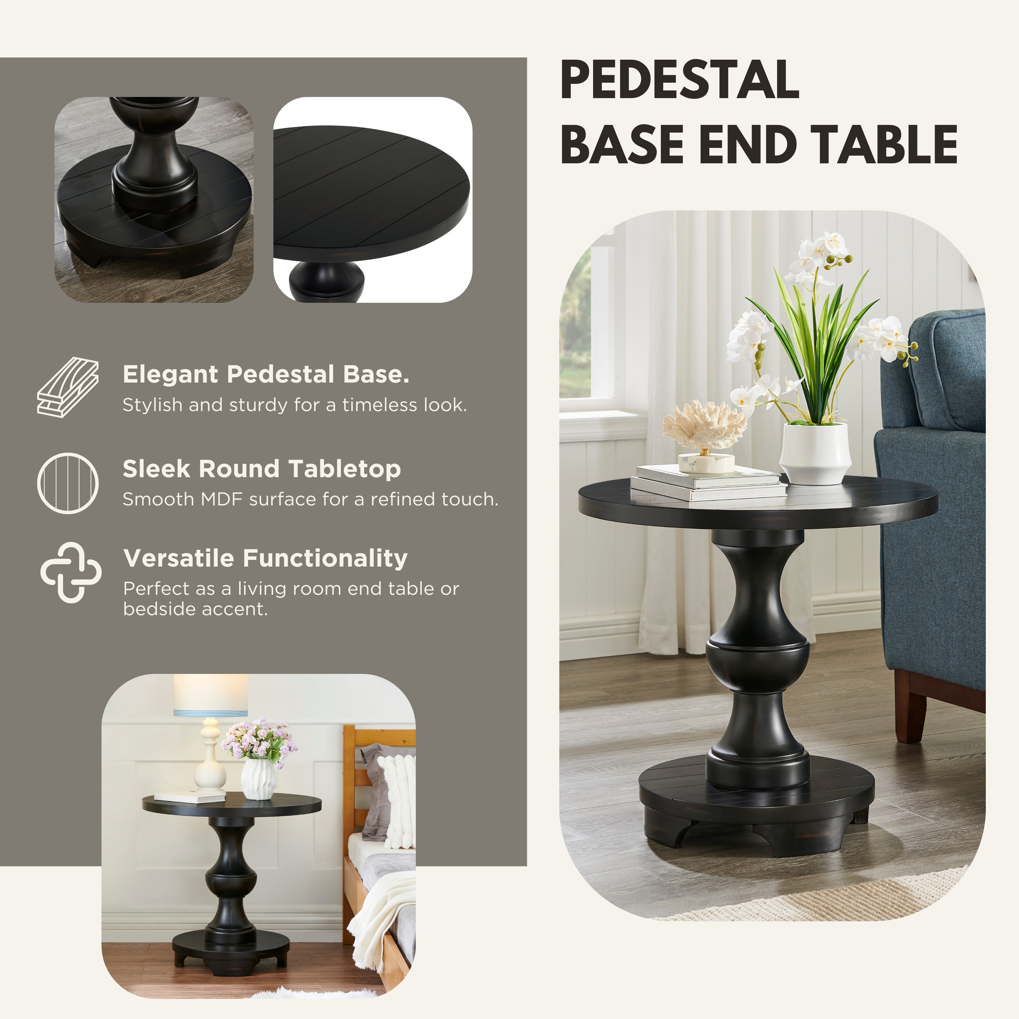 Roundhill Furniture Caesar Traditional Round Pedestal End Table - Classic Wood Side Table for Living Room, Bedroom & Office - Perfect for Coffee, Lamps & Decor