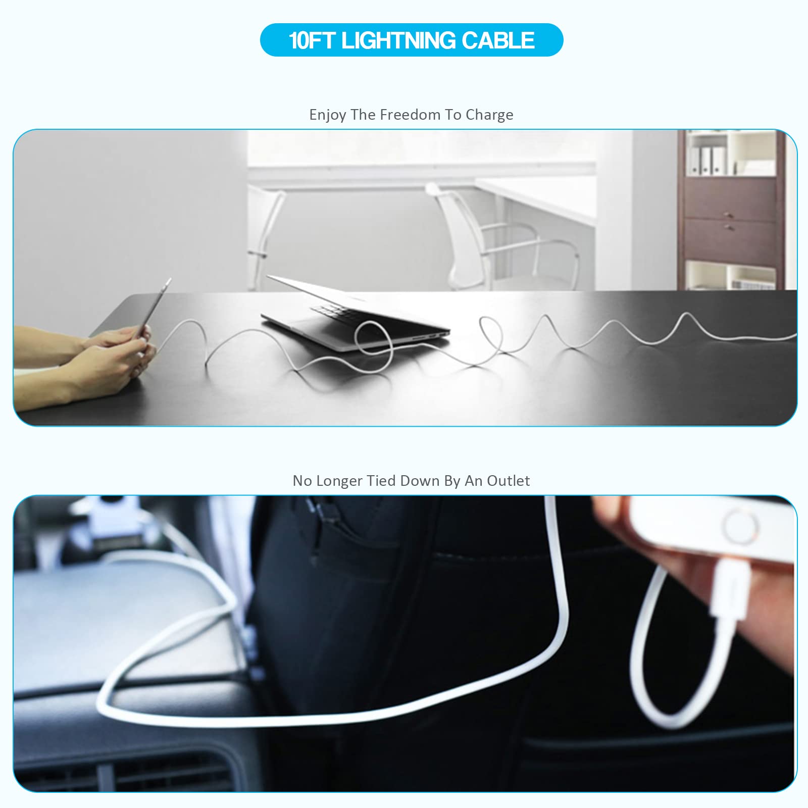 Apple MFI Certified 10FT Long Lightning Cable - Fast Charging USB Wall Charger with Foldable Plug for iPad 7/8/9, iPad Air, iPad Mini, iPad Pro & iPhone | Perfect for Home, Office & Travel Use