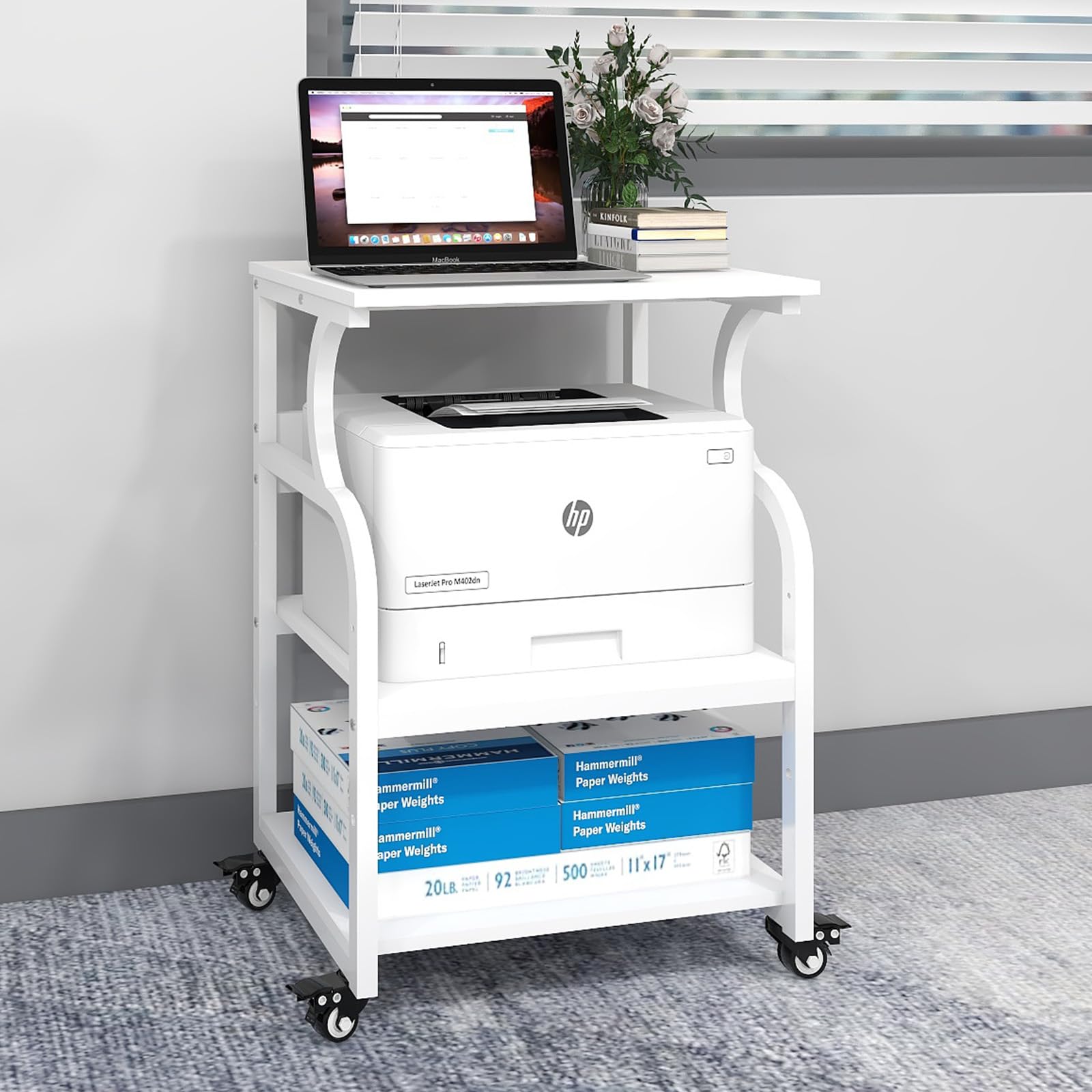Natwind Large Adjustable 3-Tier Rolling Printer Cart with Wheels - 24''x20''x29'' Printer Stand with Storage Shelf - Multifunctional Home Office Shelves for Heat Press & 3D Printer (White) - Perfect for Craft Rooms, Office Organization & Small Business Workspaces