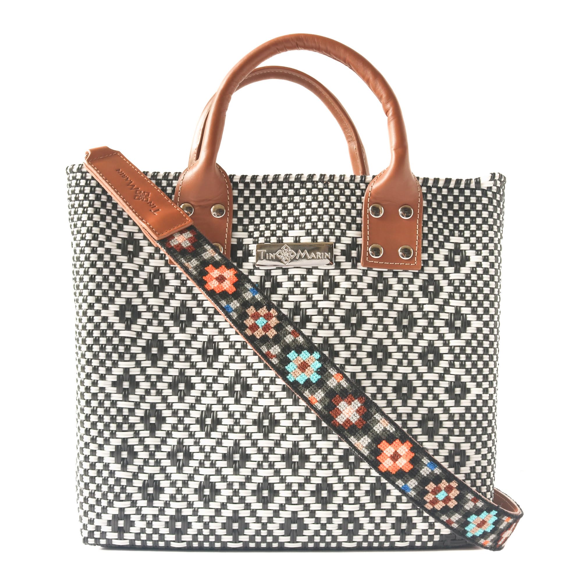 Eco-Friendly Panda Large Woven Crossbody Bag with Tan Leather Handles - Handwoven Recycled Plastic Purse, Mexican Woven Tote for Women | Perfect Summer Bag, Work Bag & Everyday Purse for Office, Travel & Shopping