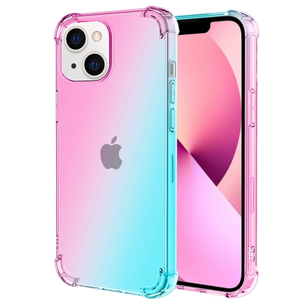 Ueokeird iPhone 13 Case 6.1 Inch - Clear Cute Gradient Slim TPU Cover with Anti-Scratch & Shockproof Protection for iPhone 13 (Pink/Green) | Perfect for Everyday Use, Work & Travel