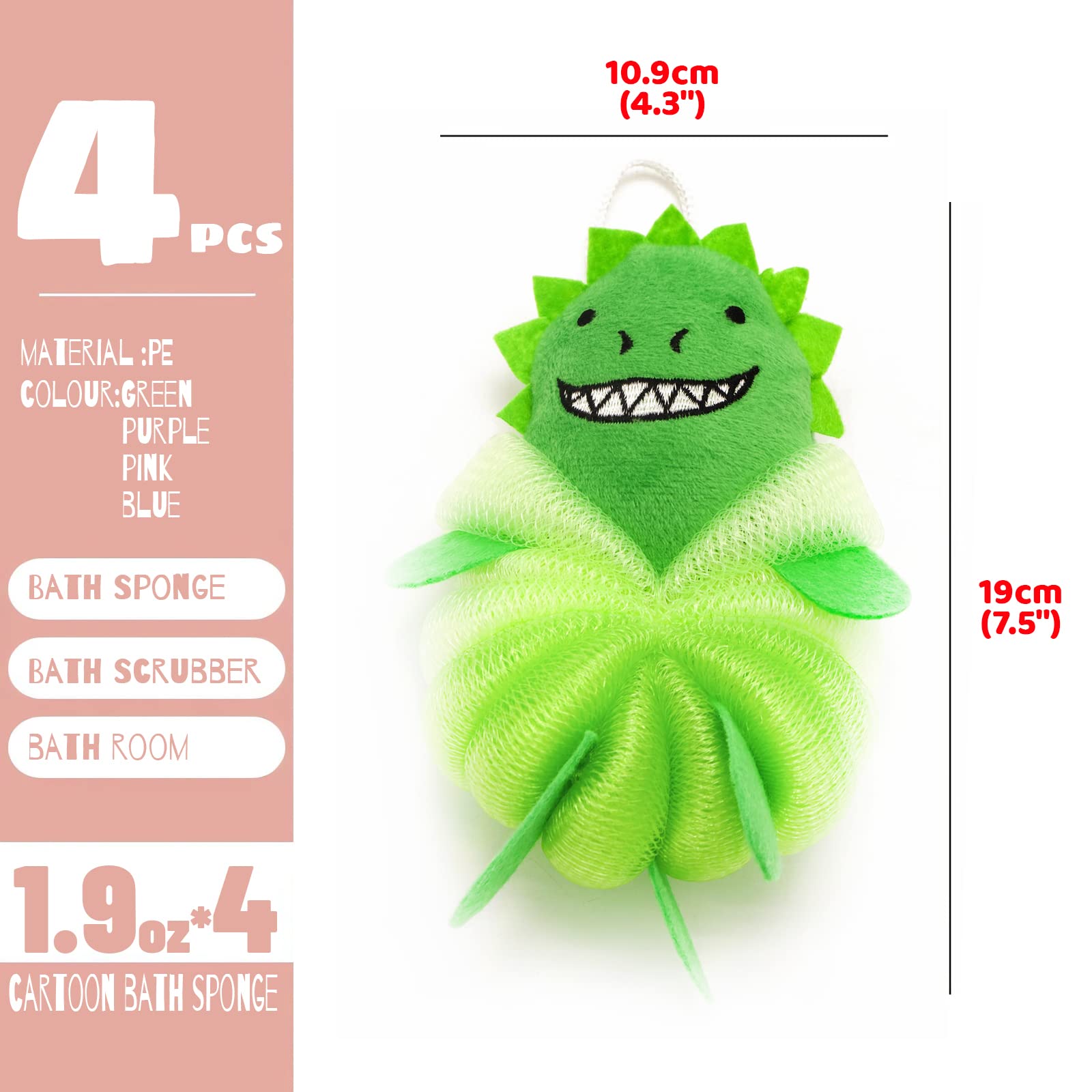 MURRI&MURRDI 4 Pack Kids Bath Loofah Sponge - Cute Animal Shower Pouf, Soft Mesh Body Scrubber for Toddlers & Children, Gentle Exfoliating Bath Sponge (55g, 4 Cartoon Designs) - Perfect for Fun Bath Time, Baby Shower Gifts & Kids Hygiene Routine