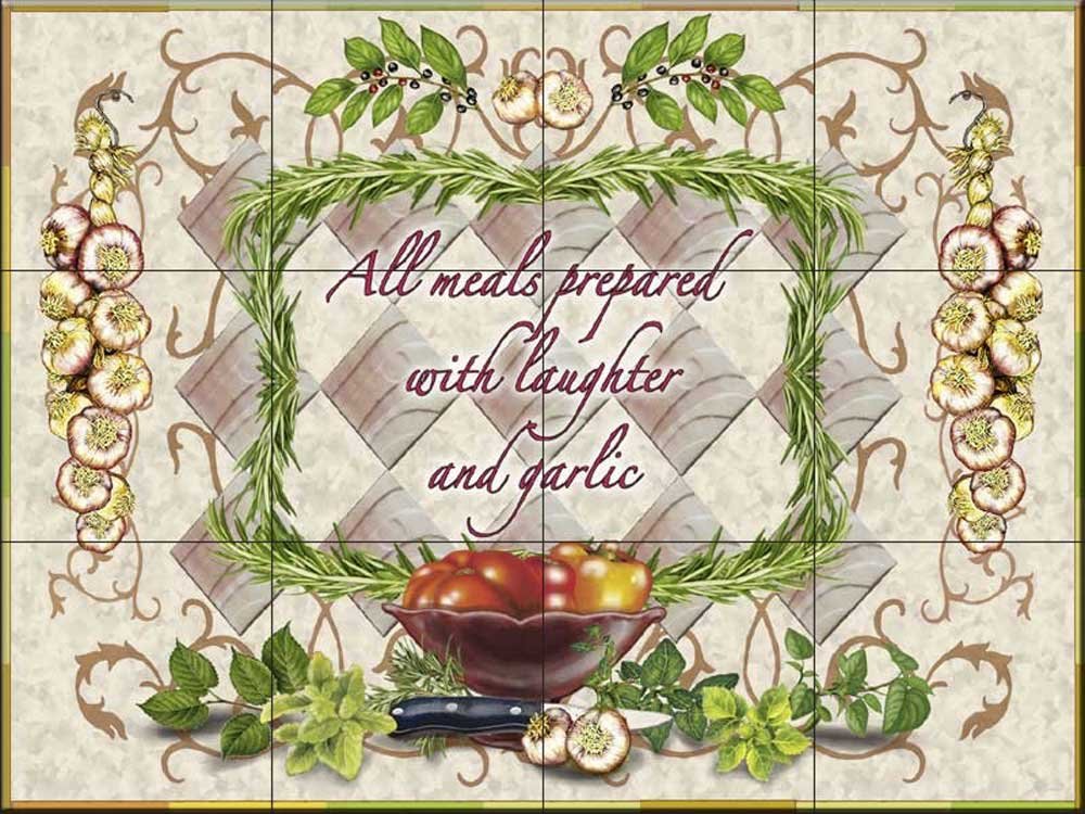 Hand-Painted Ceramic Tile Mural - 'Laughter and Garlic' Artwork by Rosiland Solomon | Unique Kitchen Backsplash & Home Decor for Dining Rooms