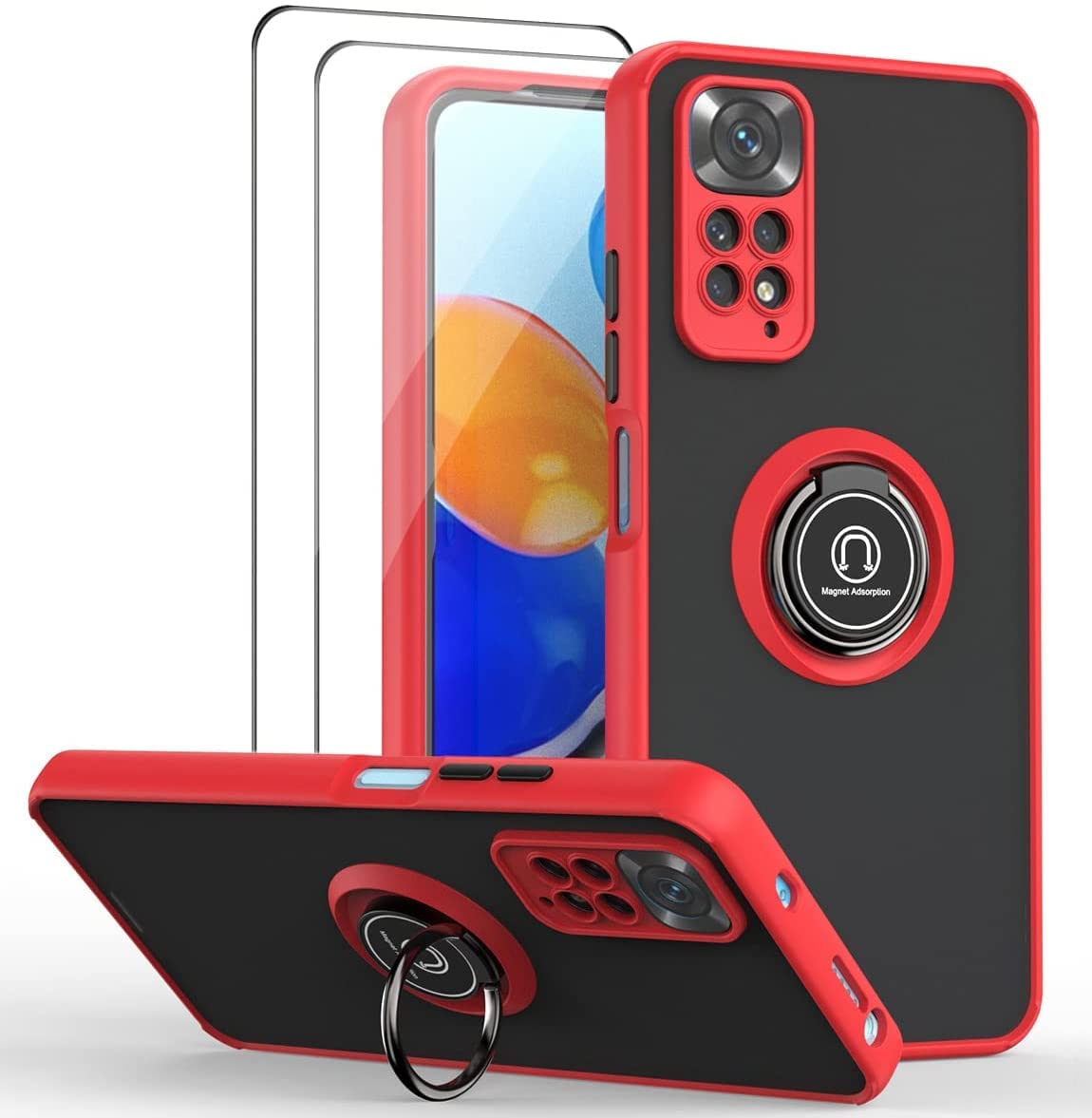 QUIETIP Shockproof Magnetic Case for Xiaomi Redmi Note 11 Pro - TPU + Hard PC Hybrid Protective Cover with 2 Pack Tempered Glass Screen Protector (Red) | Perfect for Car Mounting, Daily Protection & Outdoor Activities
