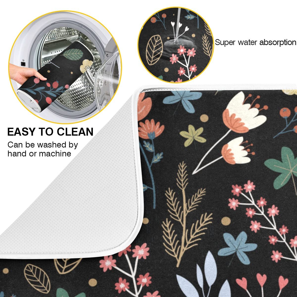 Absorbent Microfiber Dish Drying Mat - Black Floral 18x24in for Kitchen Countertop | Fast-Dry Reversible Pad