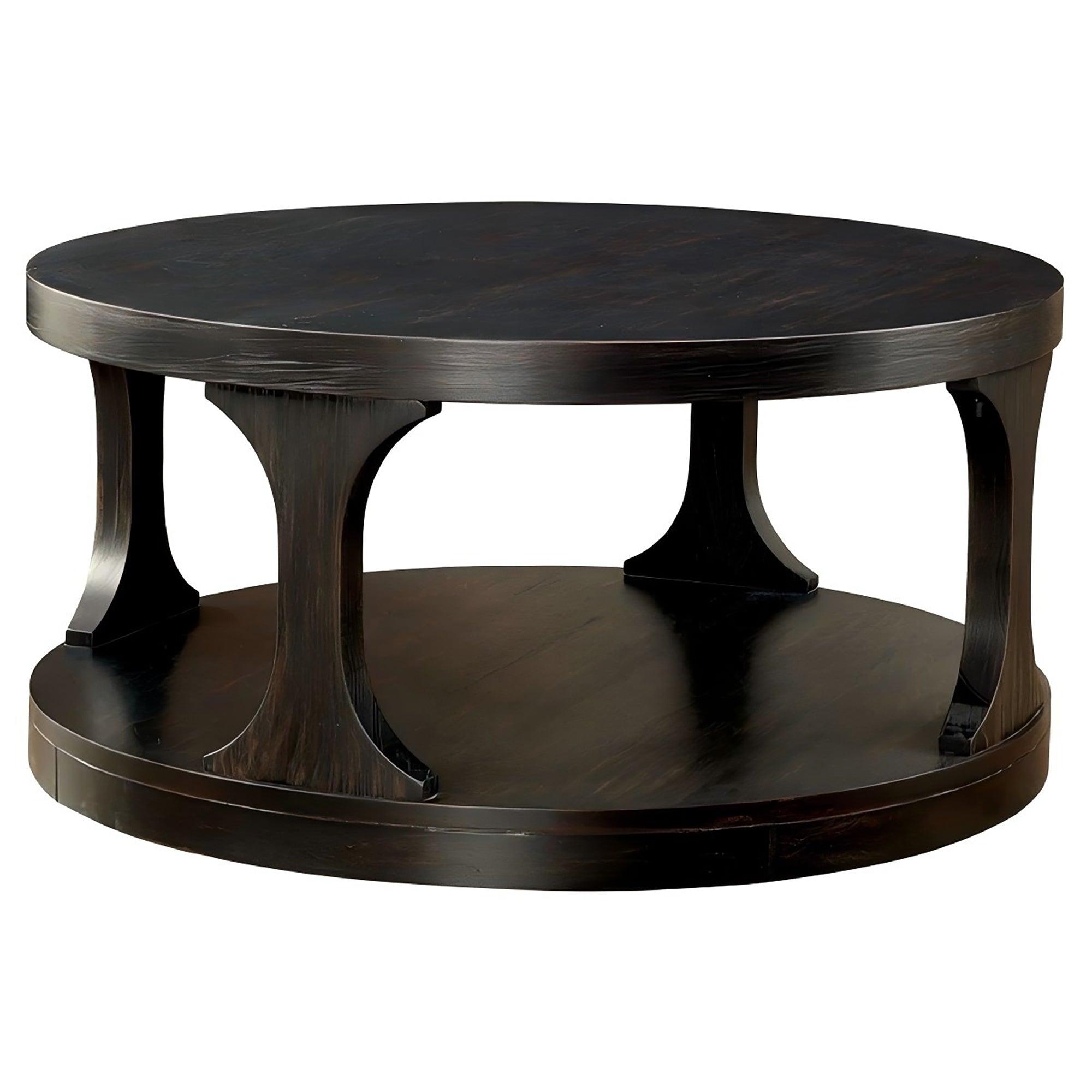 Antique Black Round Coffee Table with Open Shelf - 18 Inch Height, Sturdy Structure for Living Room, Lounge & Office Use