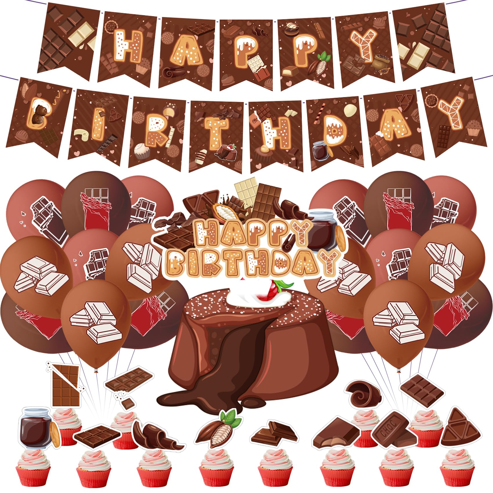 Chocolate Birthday Party Decorations Set - HAPPY BIRTHDAY Banner, Cake Topper, Cupcake Toppers & Balloons for Chocolate Themed Celebrations | Perfect for Birthday Parties, Baby Showers & Anniversary Decor