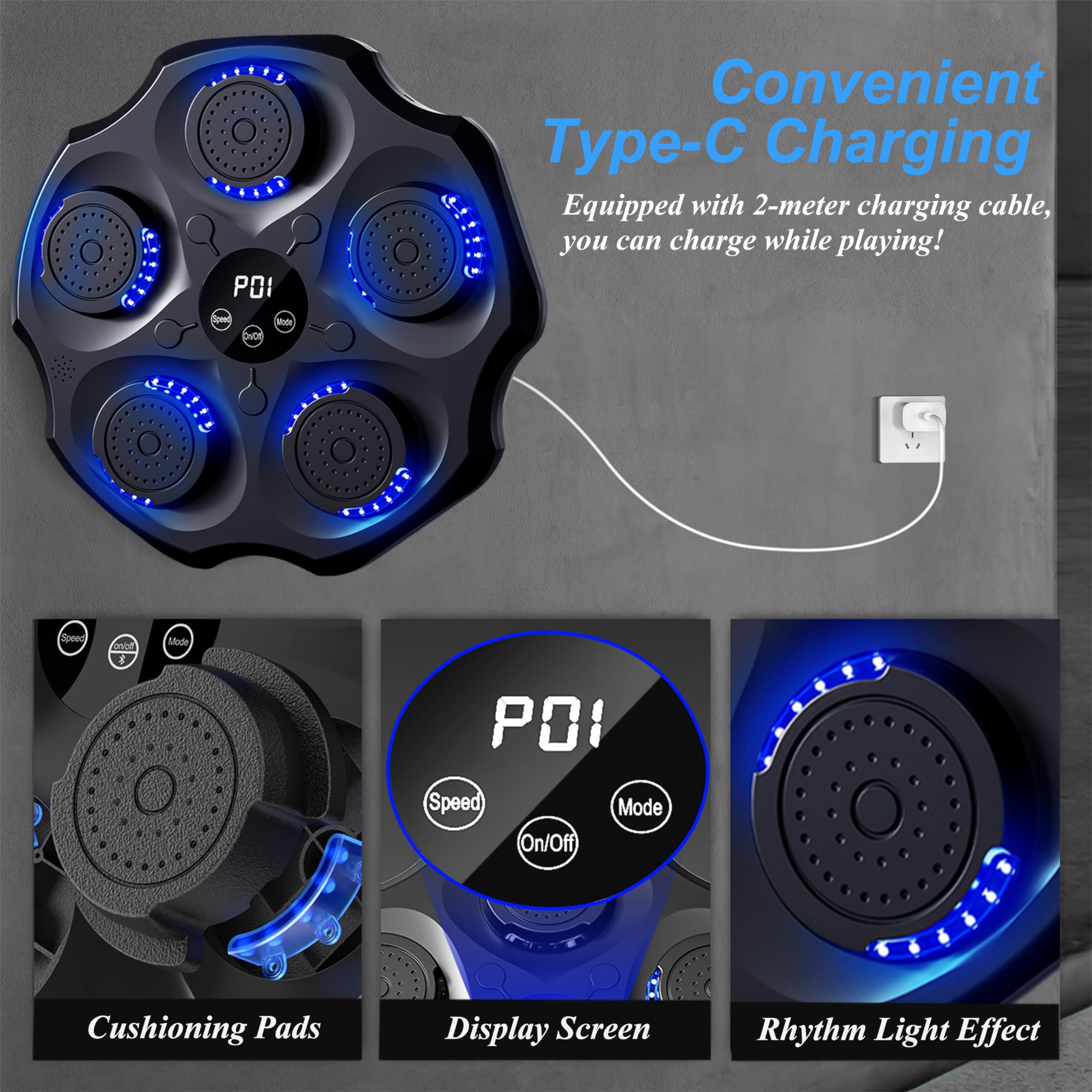 Smart Bluetooth Music Boxing Machine for Adults - Wall-Mounted LED Punching Target with Gloves, 9 Training Modes & 9 Speed Levels - Home Gym Equipment for Indoor Fitness & Stress Relief Workouts