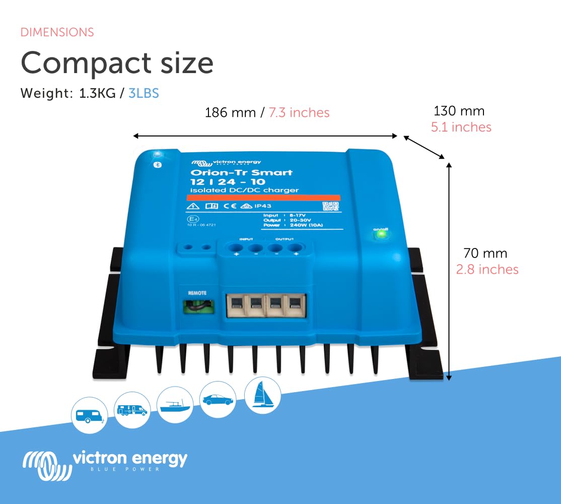 Victron Energy Orion-Tr Smart DC to DC Charger with Bluetooth - 12V/24V 10A 240W Isolated Battery Charger for Dual Battery Systems - Perfect for RVs, Boats & Off-Grid Power Solutions
