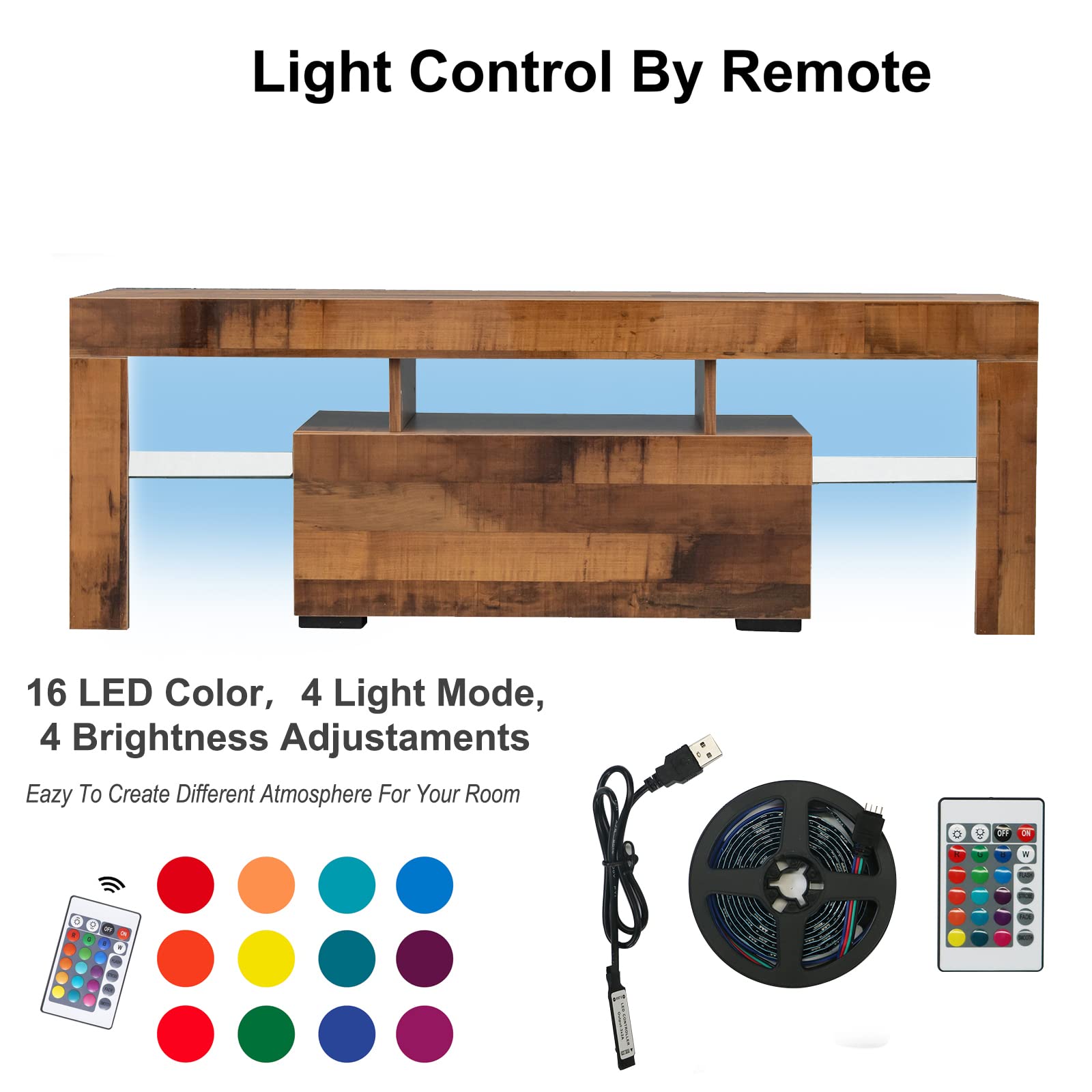 HomVent 55 Inch TV Stand with 16 Color LED Lights & Remote Control - Modern TV Cabinet with Storage Drawers for Living Room, Bedroom & Home Theater - Brown-Grey Entertainment Center for Flat Screen TVs