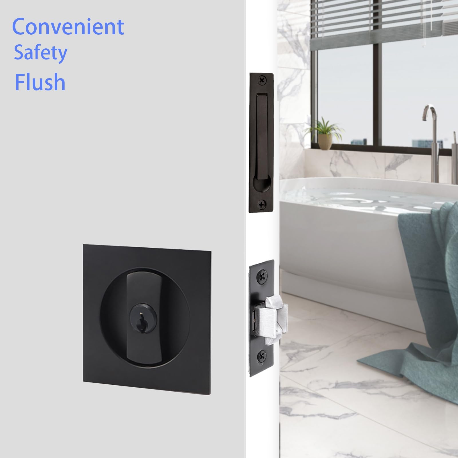 2 Pack Matte Black Pocket Door Lock with Key - Contemporary Sliding Barn Door Latch, Recessed 2-Sided Design, 2 3/8
