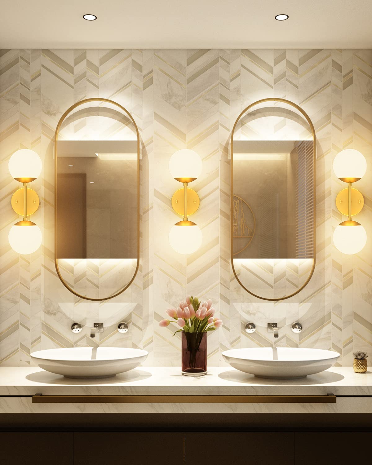 Tipace Gold Wall Sconce 2 Lights - Modern Globe Wall Light Fixture with 3000K G9 Bulbs Included - Mid Century Golden Wall Sconce for Restaurant, Living Room, Bedside, Stairs & Bathroom Mirror Lighting - Perfect for Ambient, Accent and Decorative Lighting