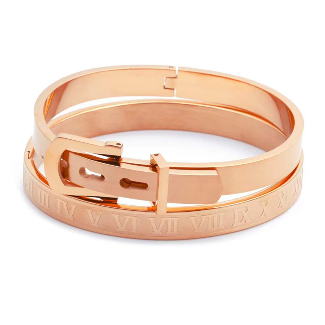 Jaline Stainless Steel Roman Numeral Bangle Bracelet Set - Gold, Silver & Rose Gold Plated Unisex Jewelry for Men & Women - Personalized Engraved Gift (2PC Rose Gold) - Perfect for Anniversaries, Weddings & Special Occasions