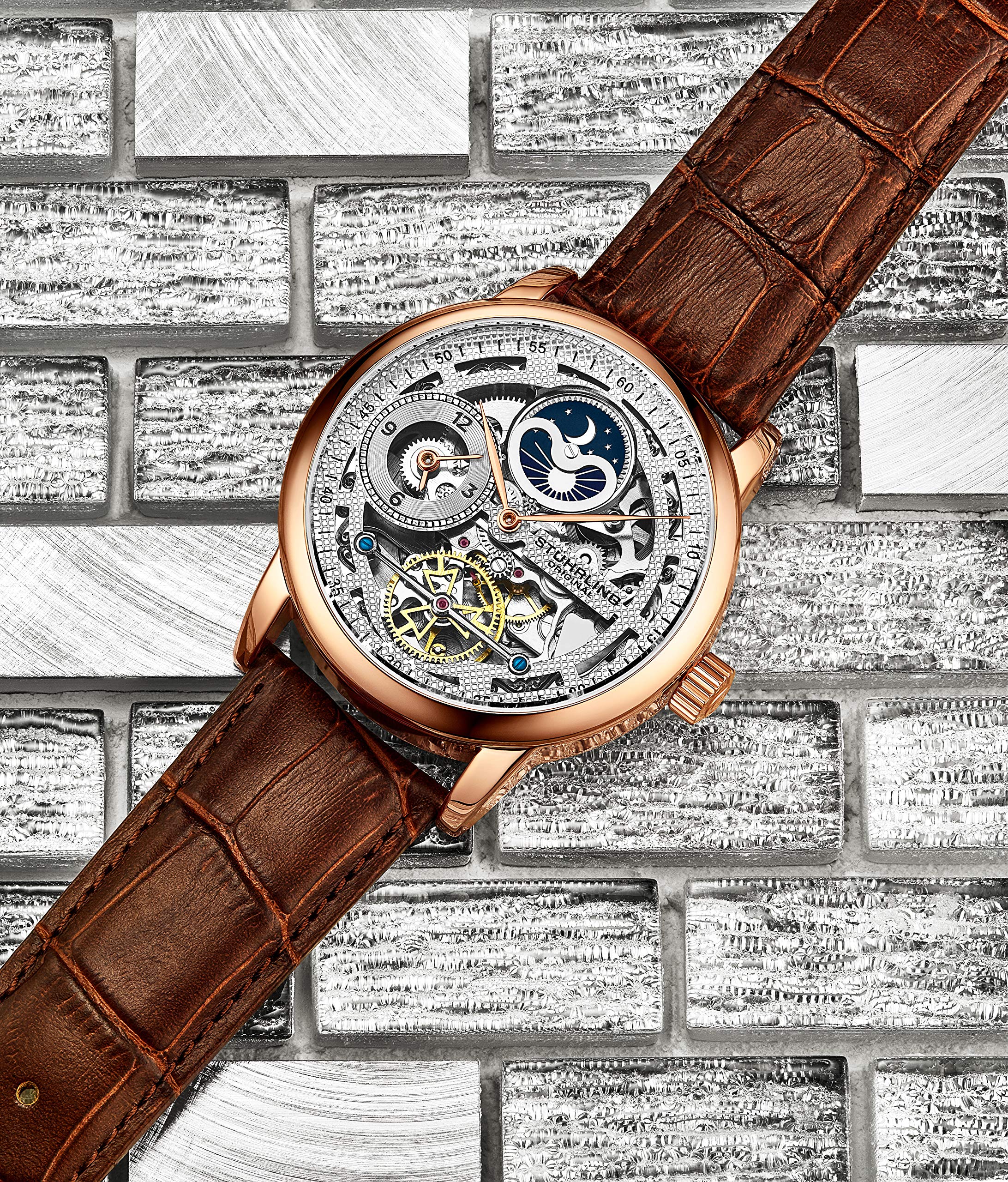 Stührling Original Men's Skeleton Automatic Watch with Dual Time, AM/PM Sun Moon Display & Genuine Leather Band - Luxury Legacy Collection for Business, Formal Events & Gift Giving