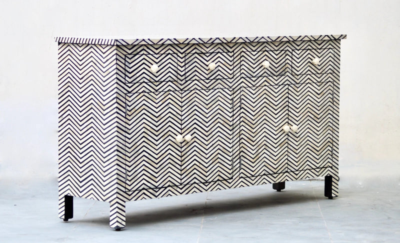 Handmade Bone Inlay Sideboard with 4 Drawers & 4 Doors - Black Chevron Pattern Wooden Buffet Cabinet for Dining Room, Living Room & Entryway Storage
