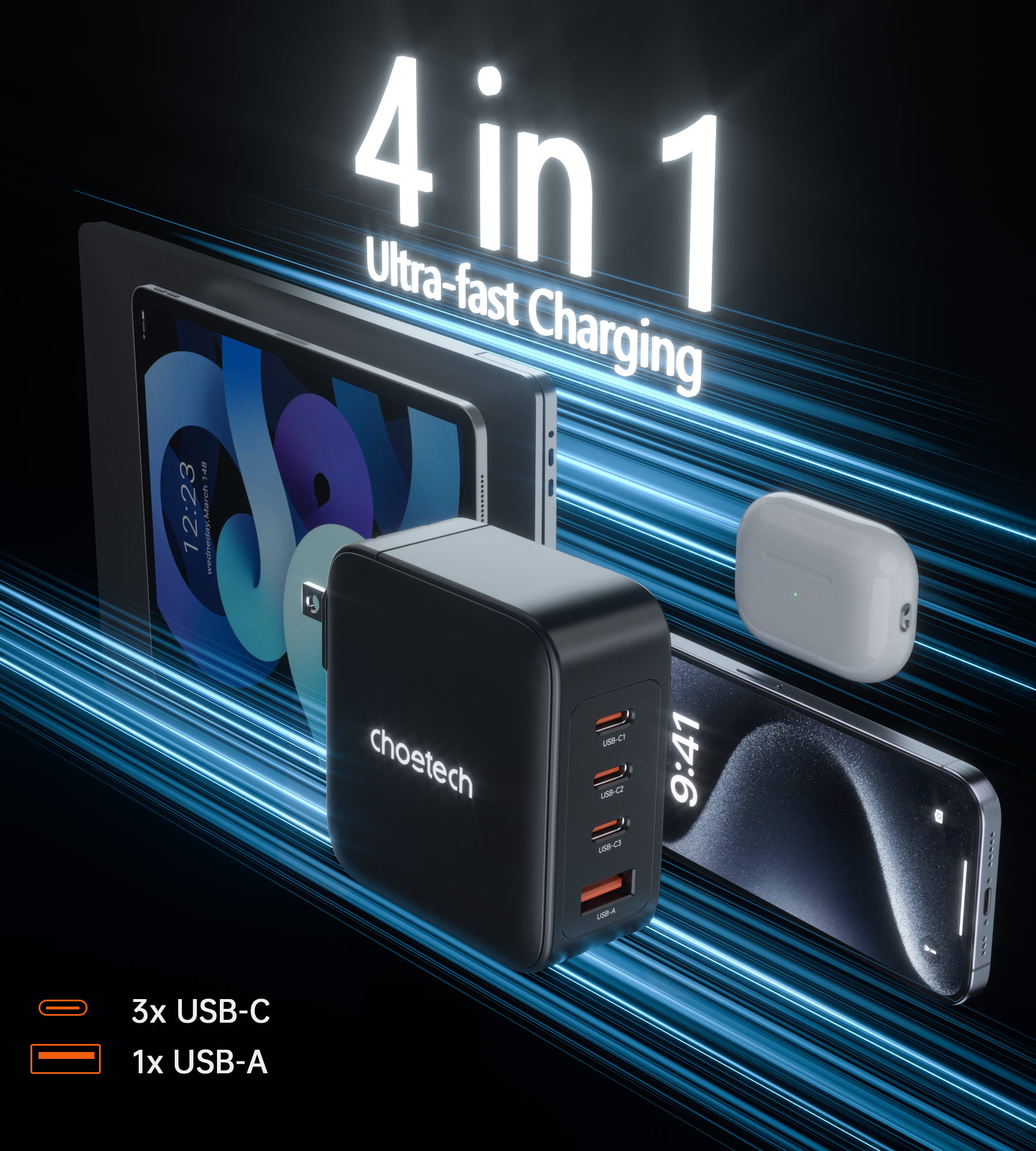 Choetech 100W GaN 4-Port USB C Fast Charger with Power Delivery - Perfect for Travel, Office & Charging Multiple Devices Simultaneously