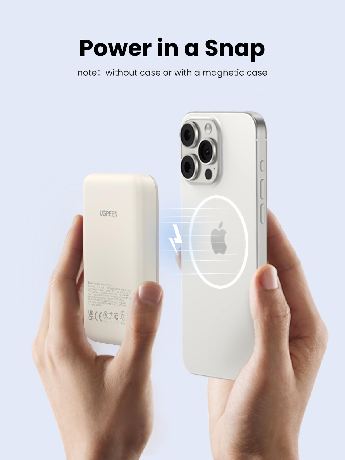 UGREEN 10000mAh Magnetic Power Bank with PD 20W Fast Charging | Built-in USB C Input/Output | Includes 60W 0.5M Cable | Compatible with MagSafe & iPhone 16/15 Pro Max Series (White) | Perfect for Travel, Work, and On-the-Go Charging