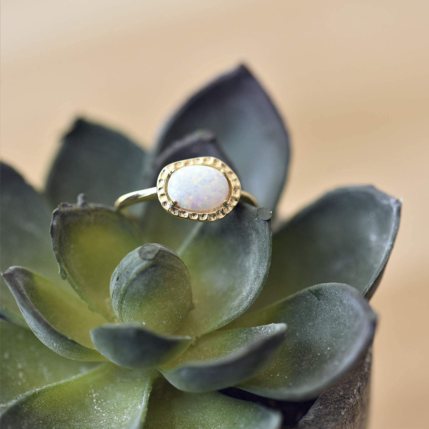 BLOSSOM & HUE White Opal Ring – Hypoallergenic 18K Gold Plated .925 Sterling Silver | Dainty October Birthstone Jewelry | Handmade Solitaire Gemstone Ring for Women | Perfect for Everyday Wear, Gift Giving & Special Occasions