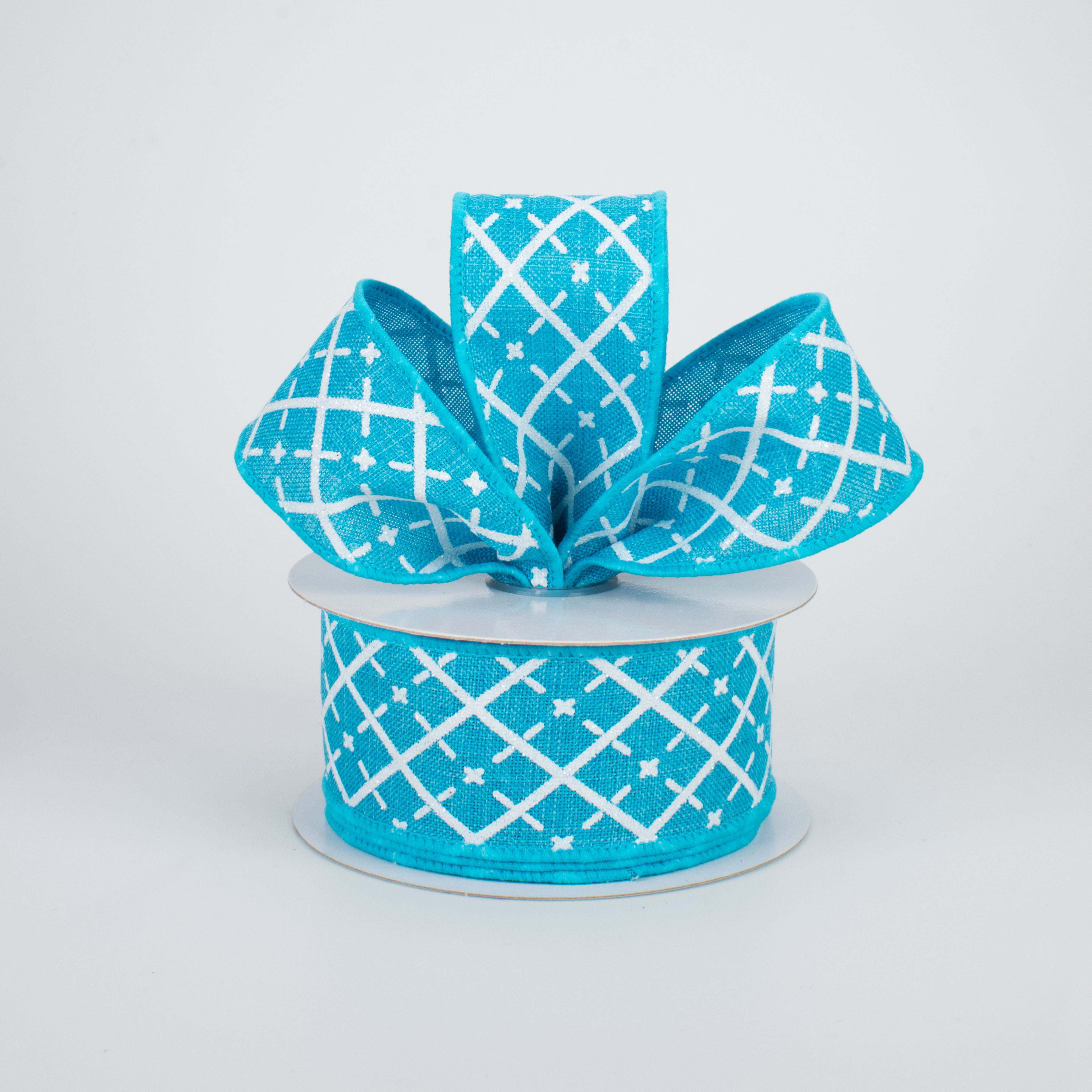 1.5 Inch Glittered Argyle Ribbon - Turquoise & White Pattern - 10 Yards Bulk Spool for Gift Wrapping, DIY Crafts, Wedding Decorations, Scrapbooking and Party Supplies
