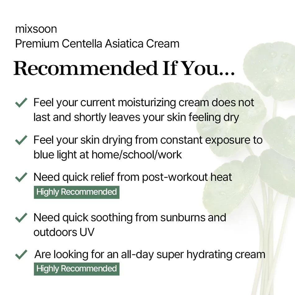 Premium Centella Asiatica Facial Cream by Mixsoon - Soothing & Hydrating Korean Skincare for Sensitive & Acne-Prone Skin - Perfect for Daily Moisturizing & Skin Repair Routine