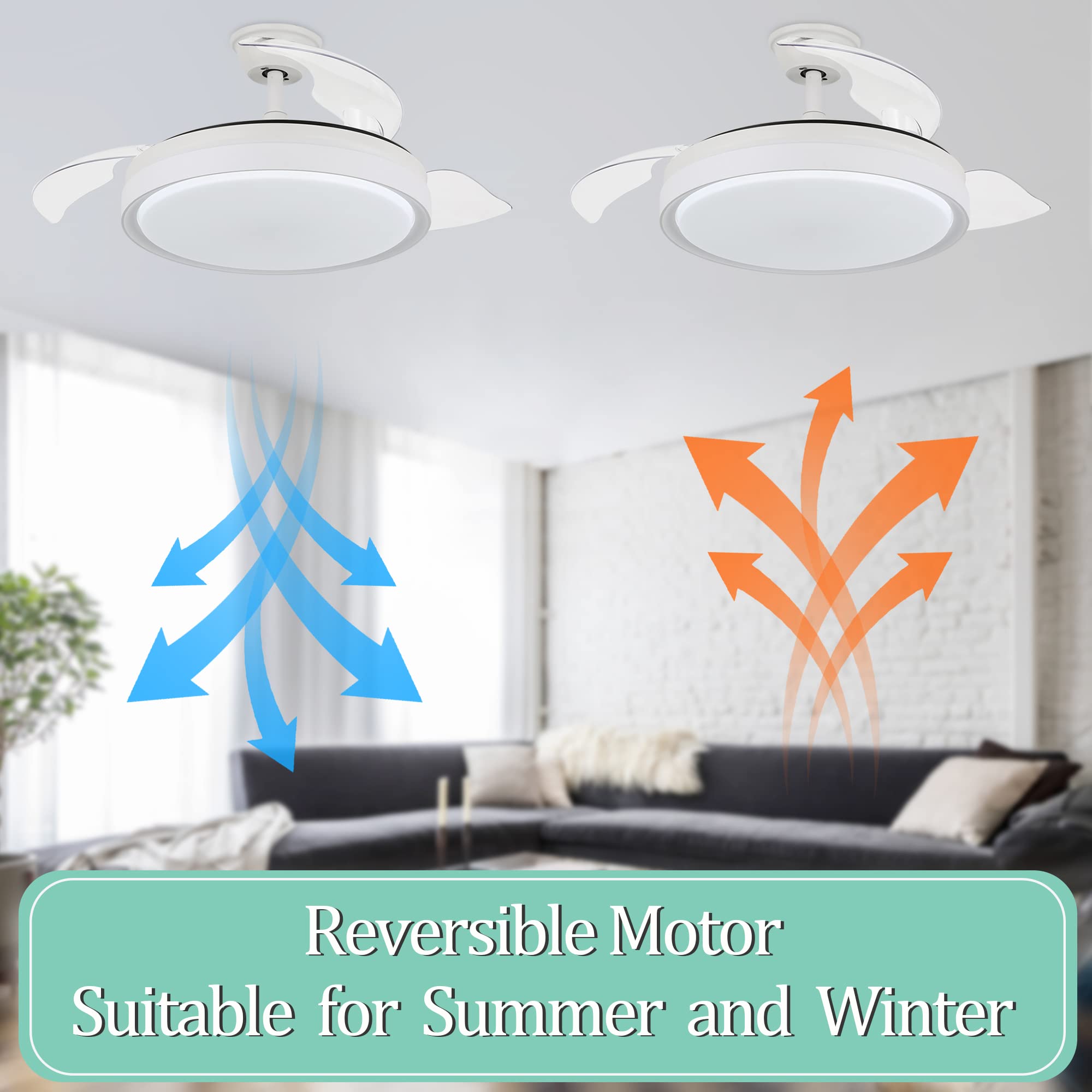 42 Inch Retractable Ceiling Fan with LED Lights & Remote Control - Modern Smart Fan with Adjustable Blades, 6 Speed DC Motor, 3 Color Temperatures & Timer - Perfect for Bedroom, Living Room & Office