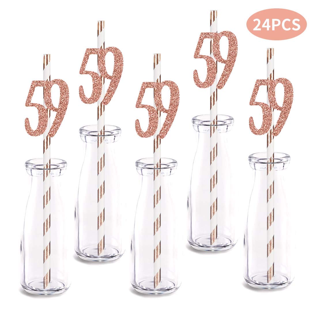Rose Gold Glitter 59th Birthday Party Straws - 24pcs Cut-Out Number 59 Drinking Decorations for Birthday Celebrations, Anniversaries & Special Events