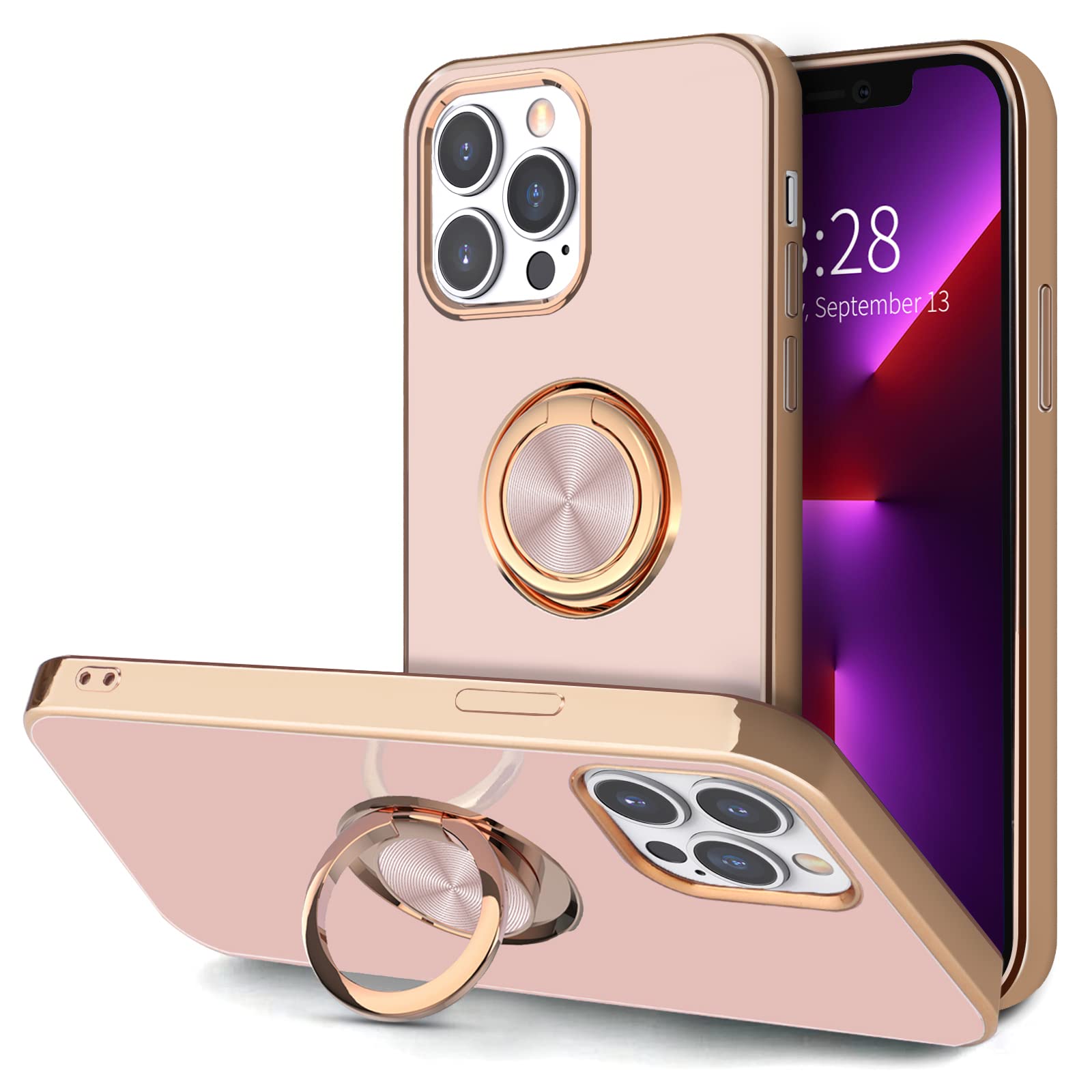 Hython Magnetic Phone Case for iPhone 13 Pro - 360° Rotatable Ring Stand with Kickstand, Rose Gold Plated Edge, Slim Soft TPU Cover (Pink) | Perfect for Car Mounting, Hands-Free Viewing & Everyday Protection