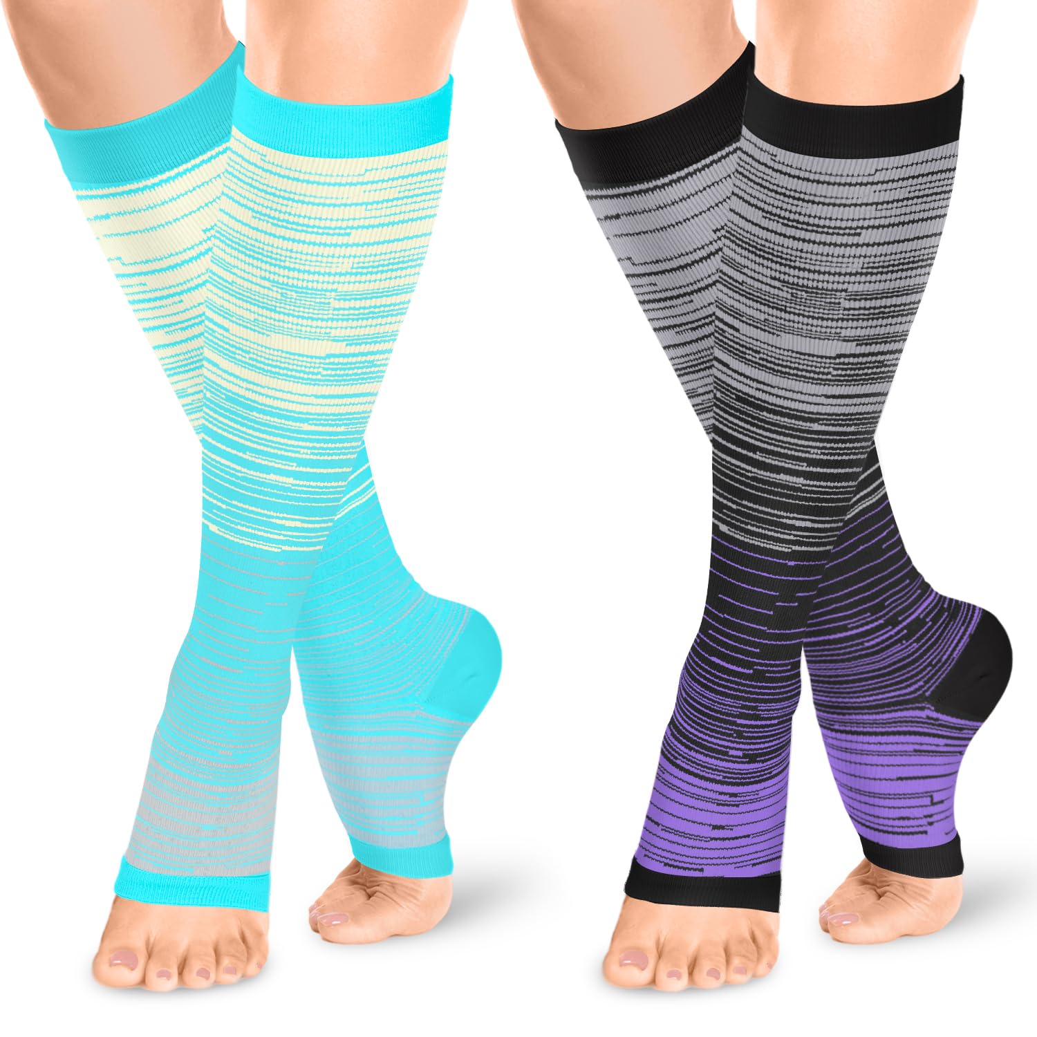 ACTINPUT Open Toe Compression Socks for Women & Men - 2 Pairs 15-20 mmHg Knee High Graduated Toeless Socks for Circulation, Swelling Relief - Perfect for Nurses, Travel & Varicose Veins
