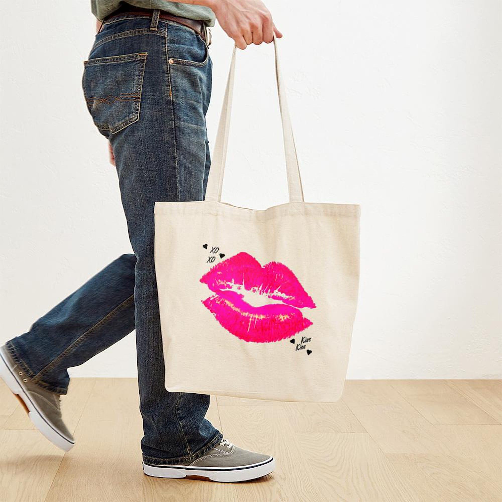 Stylish Lip Print Tote Bag - Natural Canvas Reusable Shopping Bag for Women | Eco-Friendly Grocery Tote, Beach Bag & Everyday Carry | Perfect for Shopping, Work & Travel