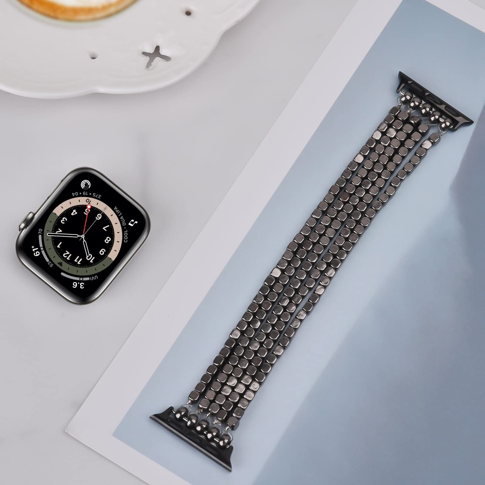 MOFREE Arrow & Black Beaded Stretch Bracelet Compatible with Apple Watch 40mm/38mm/41mm (Series 7/SE/6/5/4/3/2/1) - Handmade Elastic Women's Fashion Strap for iWatch - Perfect for Workouts, Office & Casual Wear