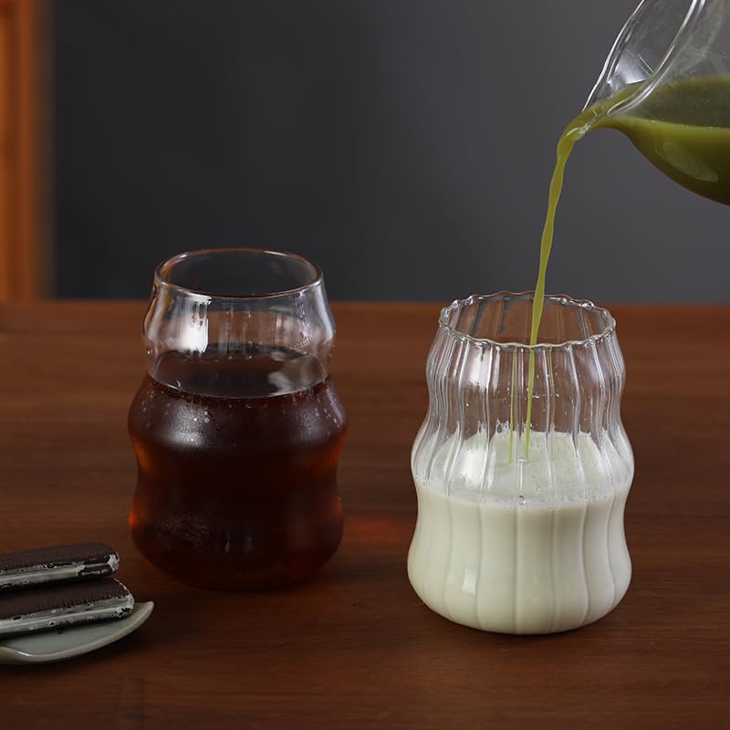2 Pack Vintage Ribbed Glass Cups - 18oz Wave Design Bubble Drinking Glasses for Iced Coffee, Juice, Milk, Cocktails & Bubble Tea | Durable Barware for Home, Cafe & Party Use