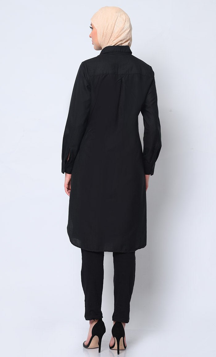 Classic Black Tunic Shirt with Pocket Embroidery - Elegant Women's Top for Casual Wear, Office & Special Occasions