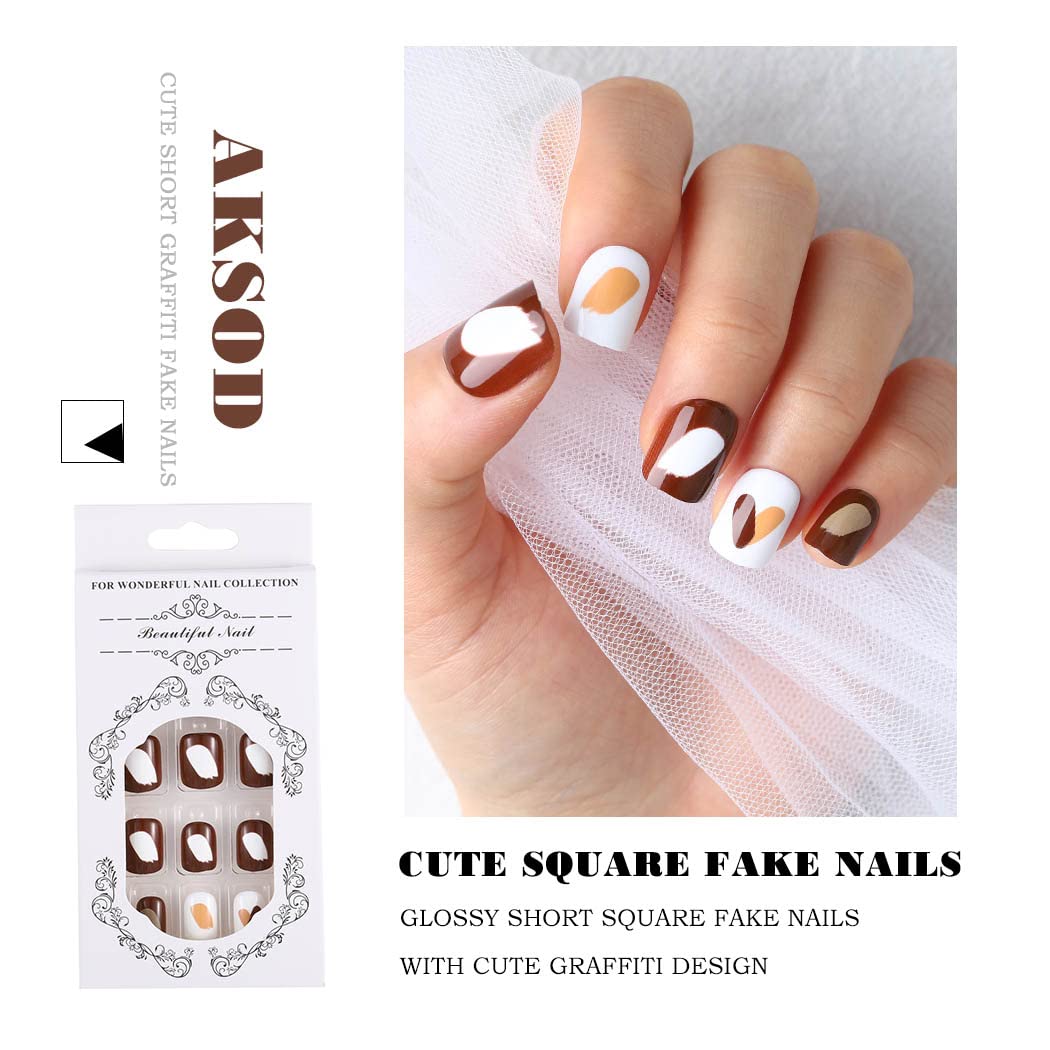 Glossy Short Fake Press on Nails - Square Acrylic Nail Tips with Brown Ombre Design - 24Pcs Full Cover Manicure Set for Women & Girls - Perfect for Parties, Weddings, and Everyday Wear