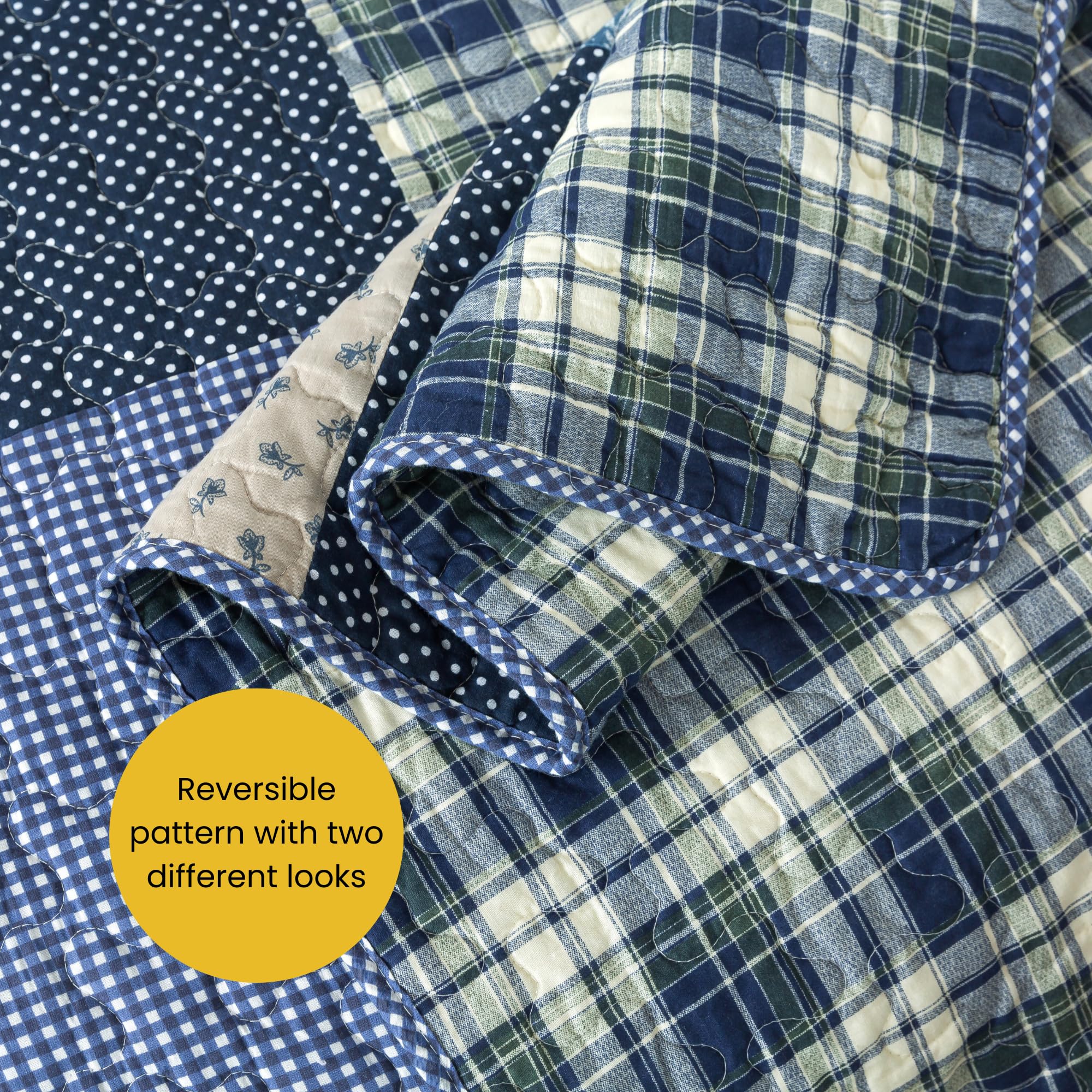 SLPR Blue Symphony Cotton Patchwork Quilt Set - Twin Size with 1 Sham | Farmhouse Style Checkered & Plaid Bedspread | Lightweight Cozy Country Bedding for Guest Rooms, Dorm Decor & Cozy Cabin Retreats