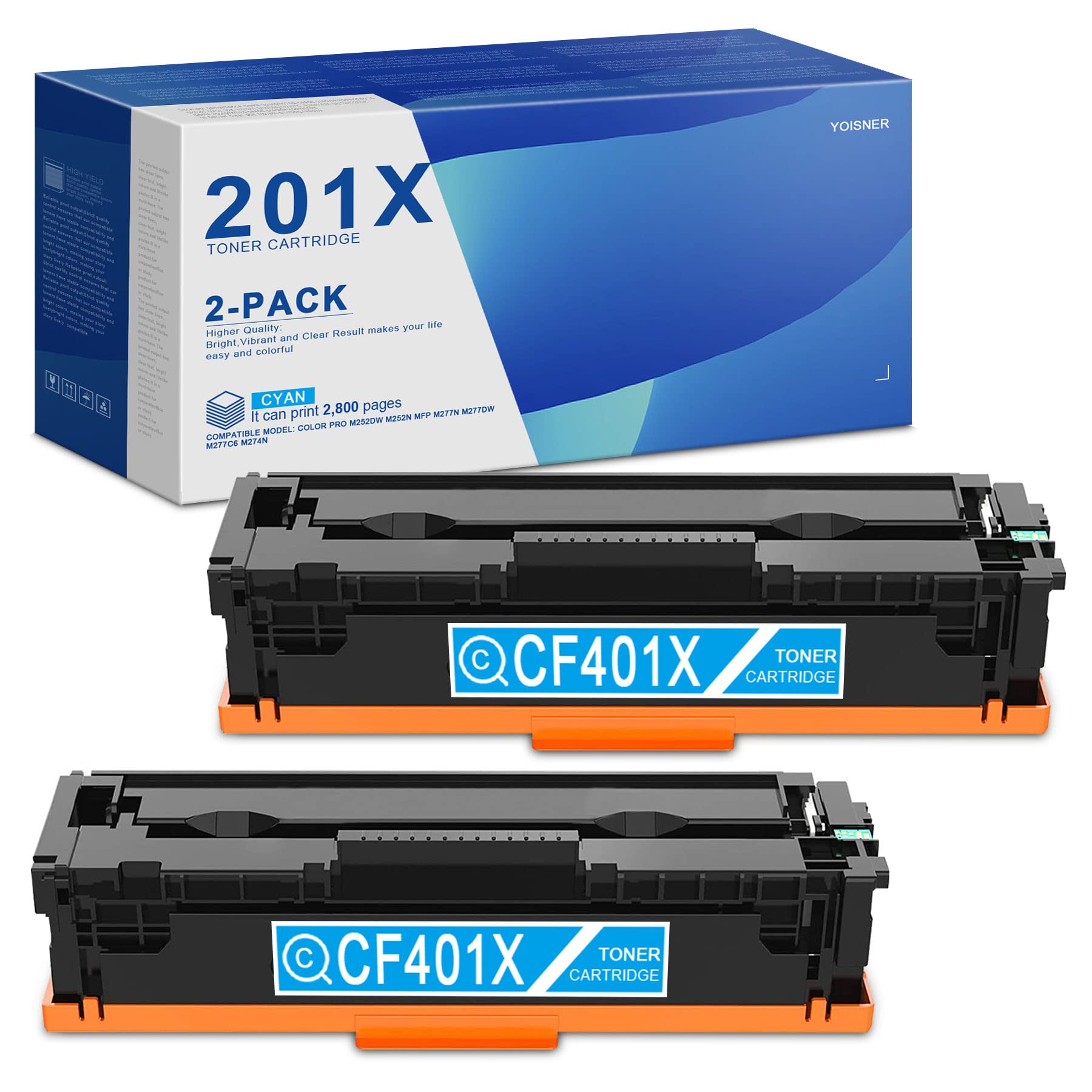 YOISNER 201X CF401X High Yield Toner Cartridge - 2 Pack Cyan | Compatible with HP Color Pro M252dw (B4A22A), M252n (B4A21A), MFP M277 Series Printers | Perfect for Office Printing, Home Office & Small Business Documents
