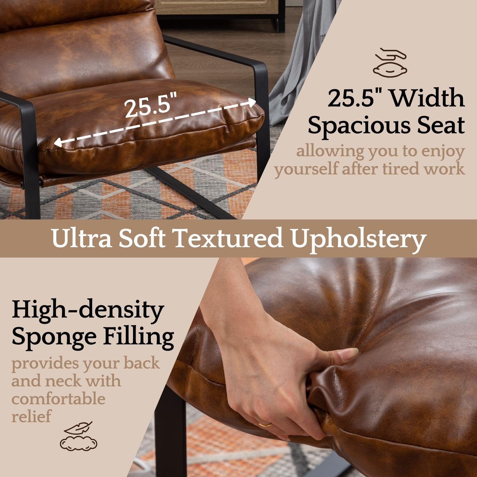 Modern PU Leather Accent Armchair - Soft Upholstered Living Room Chair with Black Metal Frame & Thickened Cushion - Comfortable Lounge Chair for Bedroom, Living Room, Office - Brown Leather Sofa Chair for Relaxing & Home Decor