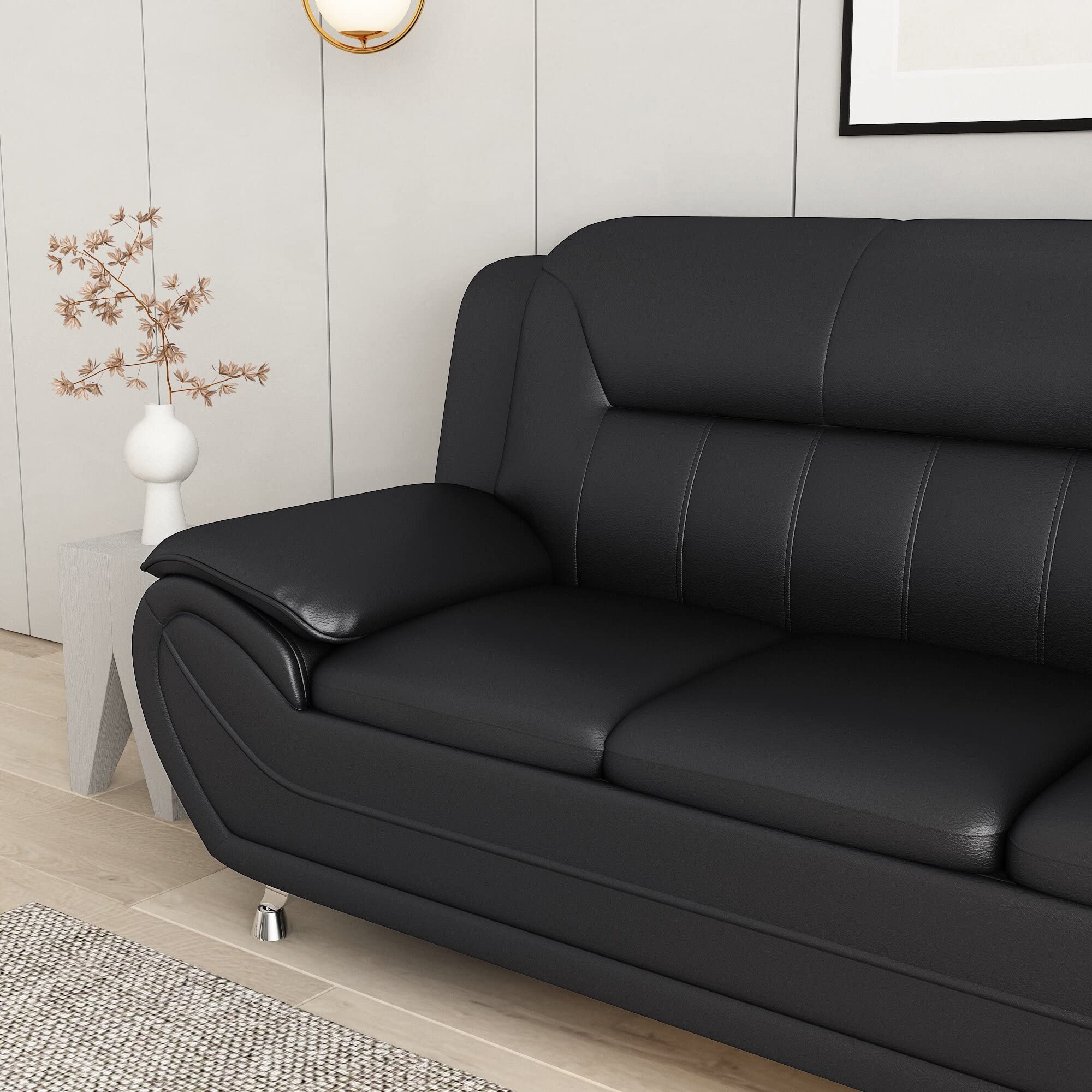 Michael Modern Faux Leather Upholstered Sofa with Stainless Steel Legs - Loveseat & Living Room Couch in Midnight Black | Perfect for Small Spaces, Apartments & Contemporary Home Decor