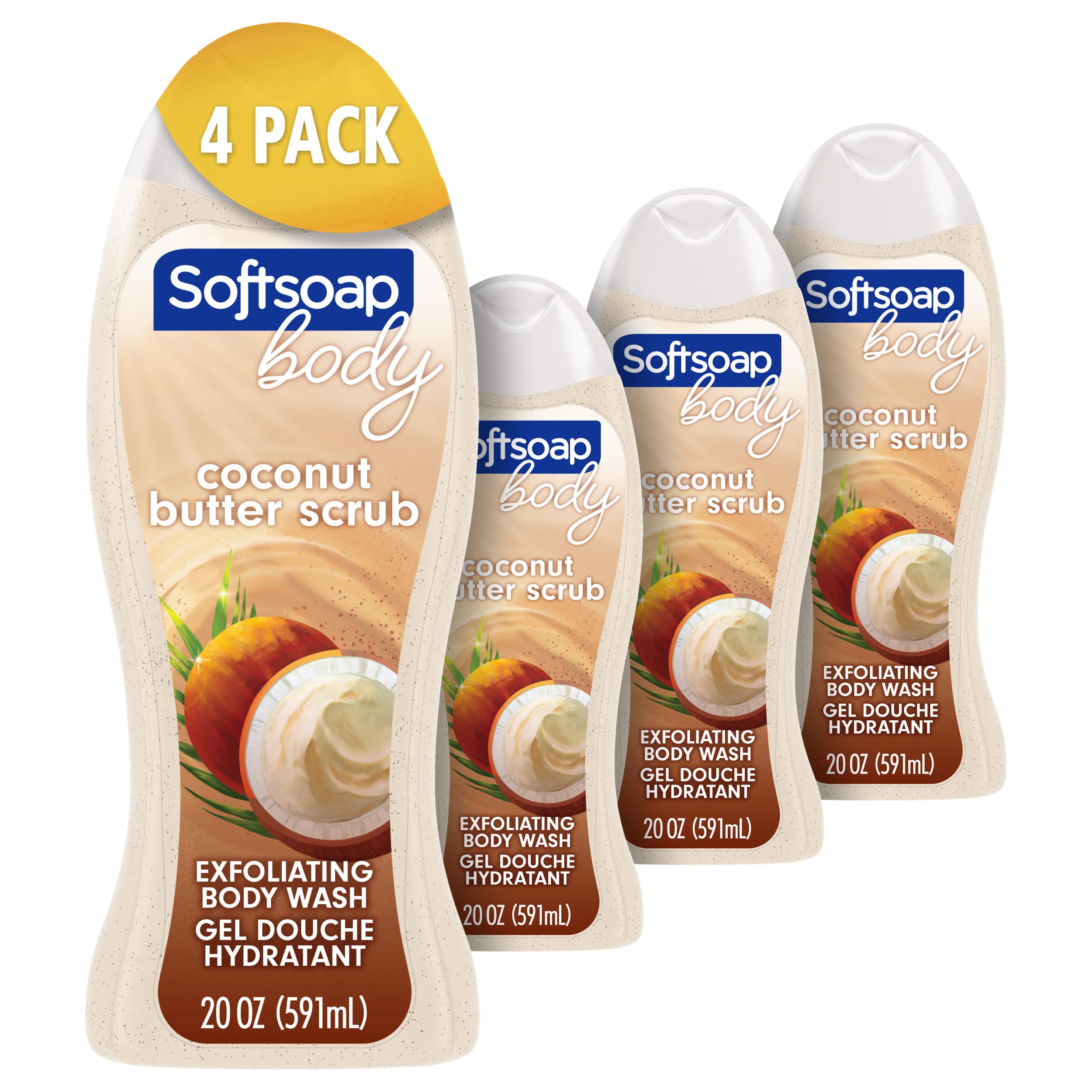 Softsoap Coconut Butter Scrub Exfoliating Body Wash - 20 Ounce (4 Pack) - Moisturizing & Gentle Skin Cleanser for Dry Skin - Perfect for Shower, Bath & Spa Day