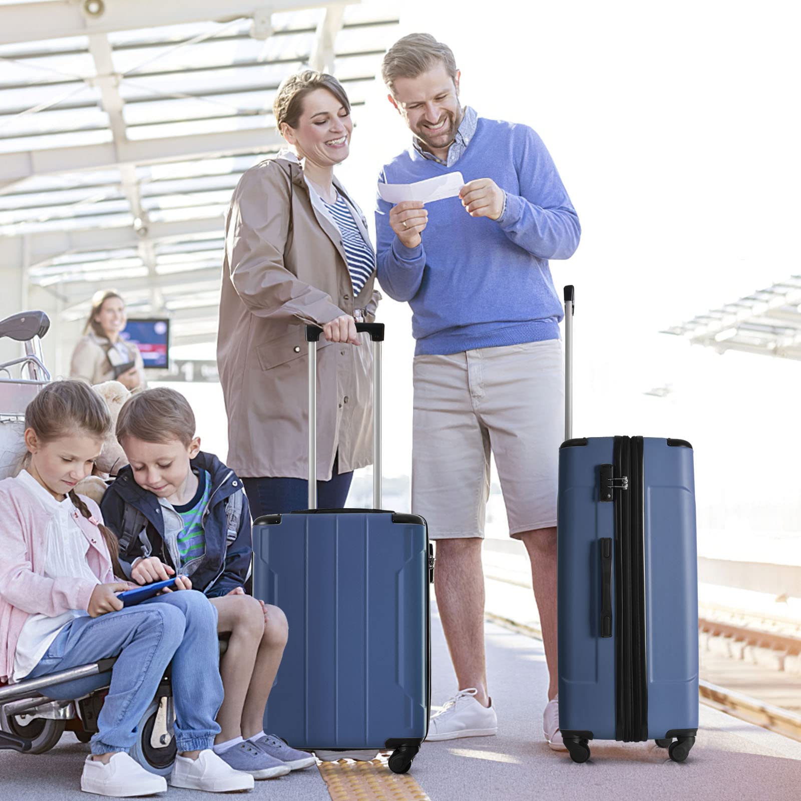 Merax Expandable Lightweight Spinner Suitcase Set (20/24/28 Inch) - Durable Corner Guards, Blue 3-Piece Luggage for Travel, Business Trips & Vacations