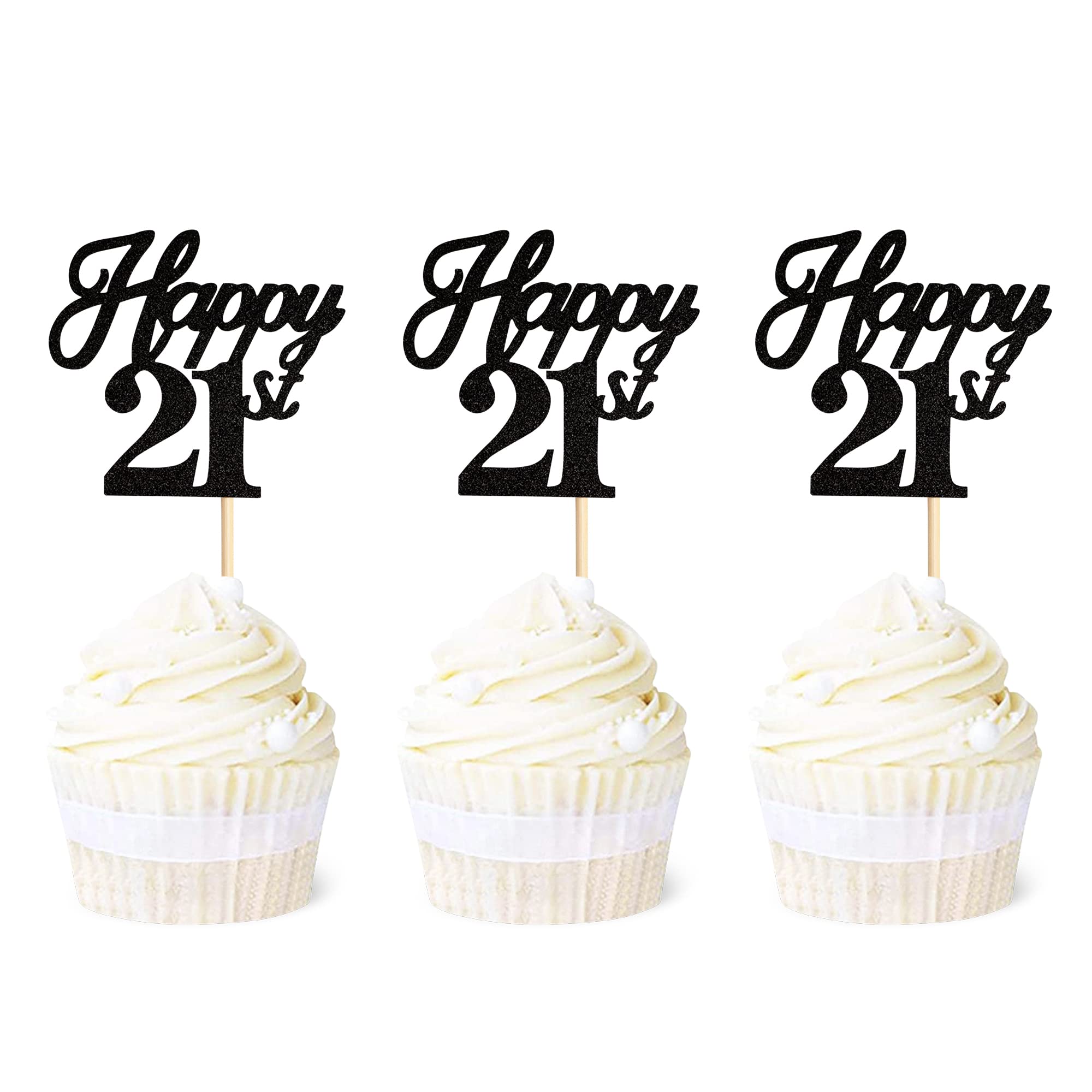 Ercadio 24 Pack Happy 21st Birthday Cupcake Toppers - Black Glitter 21st Cupcake Picks, Cheers to 21 Cake Decorations for Birthday, Wedding & Anniversary Parties - Perfect for Milestone Celebrations & Festive Dessert Displays