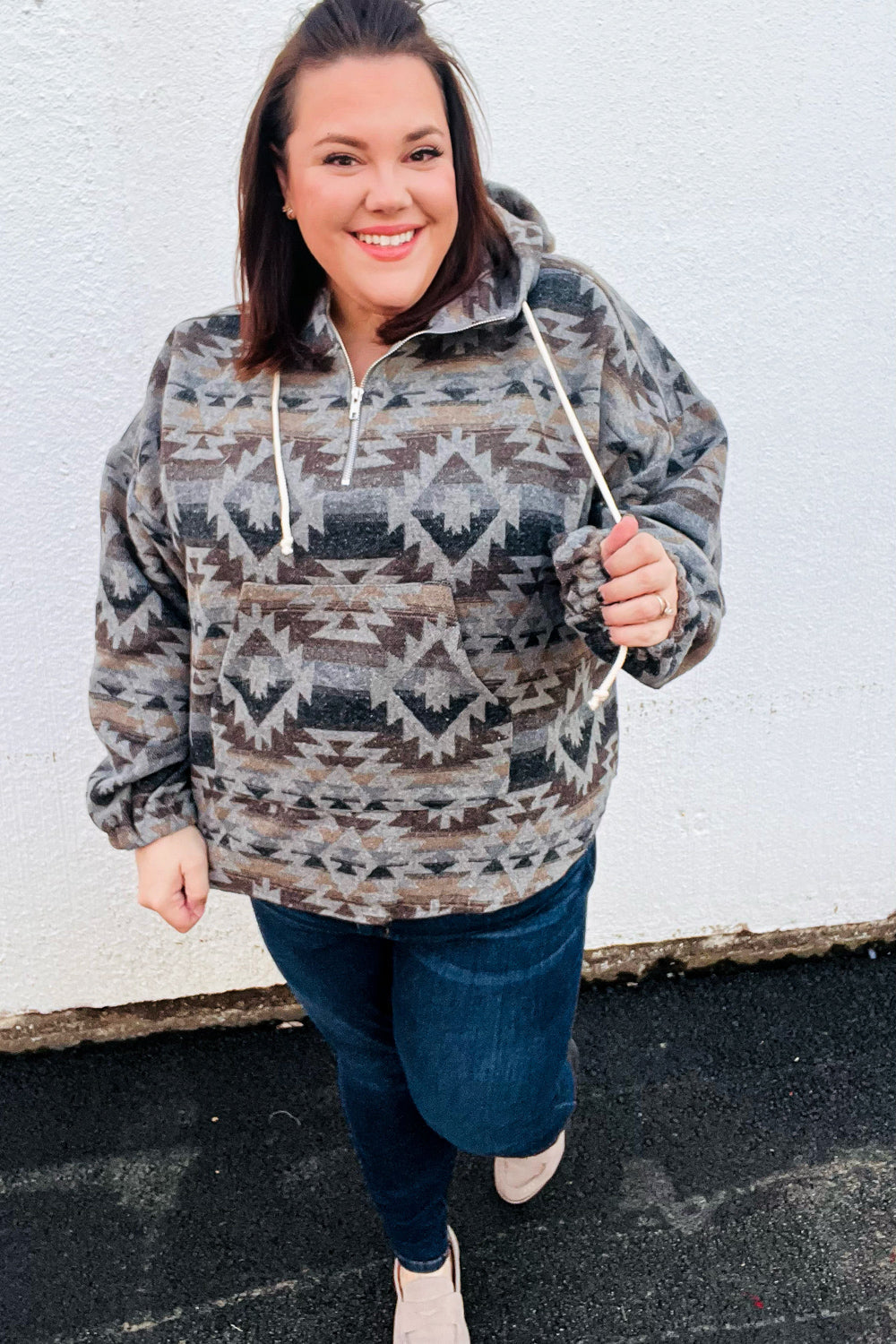 Grey Aztec Half Zip High Neck Hoodie for Men & Women | Warm Winter Pullover Sweatshirt | Outdoor Hiking & Casual Streetwear