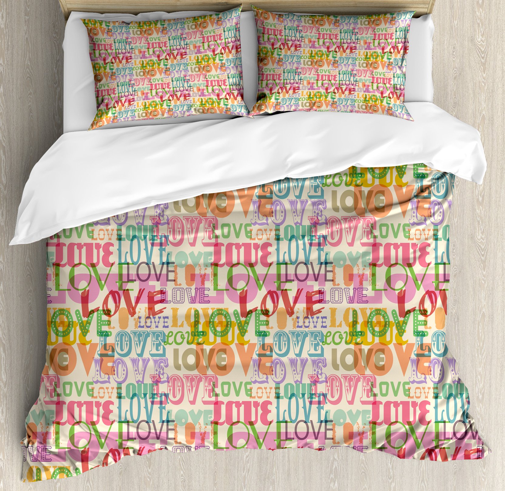 Ambesonne Love Duvet Cover Set - Colorful Romance Theme, Marriage & Engagement Inspirational Bedding | 3-Piece Queen Size Set with 2 Pillow Shams | Perfect for Couples' Bedroom, Wedding Gift & Home Decor