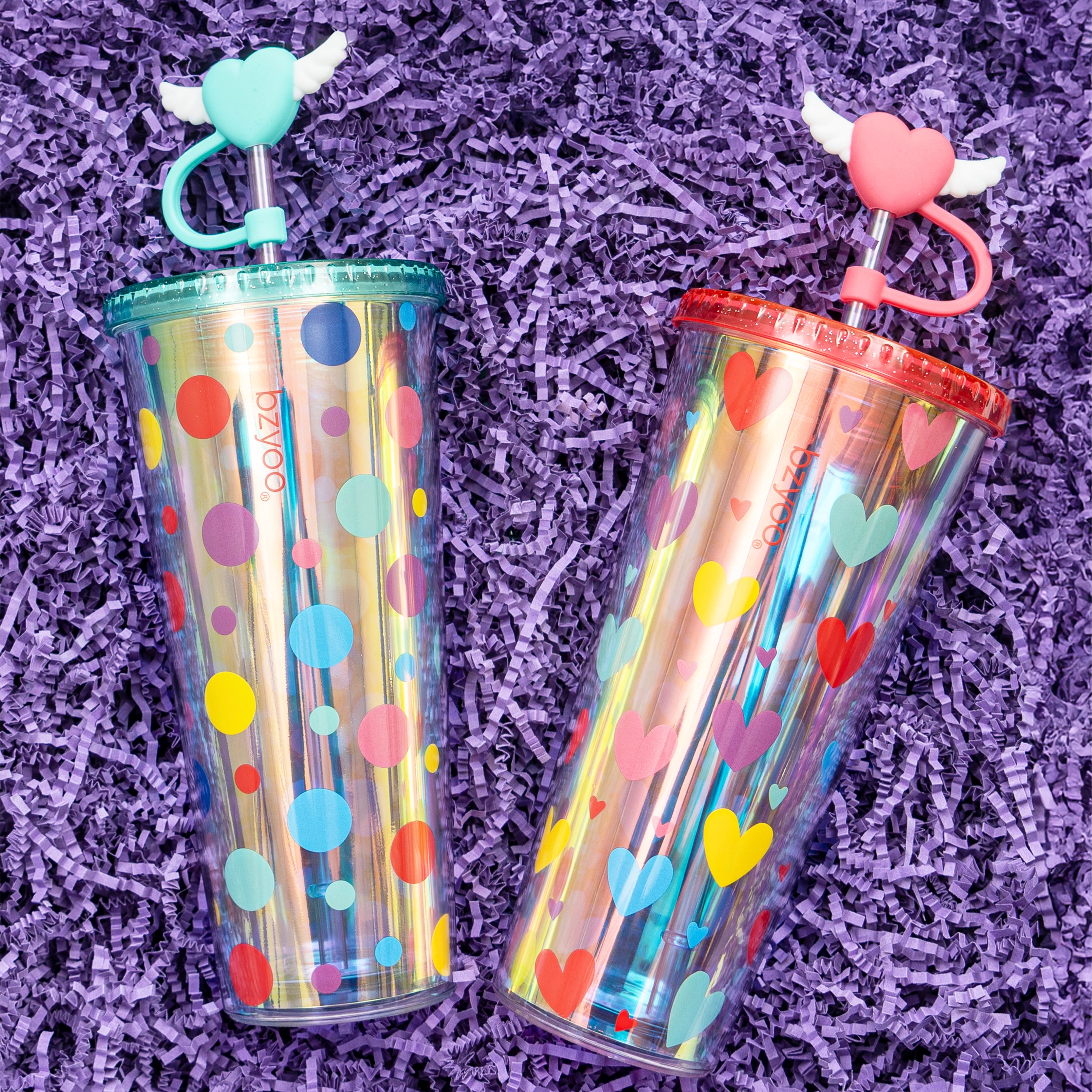 24oz Insulated Tumbler with Heart-Shaped Lid & Wing Straw - Cute Polka Dot Design - Perfect for Coffee, Iced Tea & Cold Drinks at Work, Gym or Travel