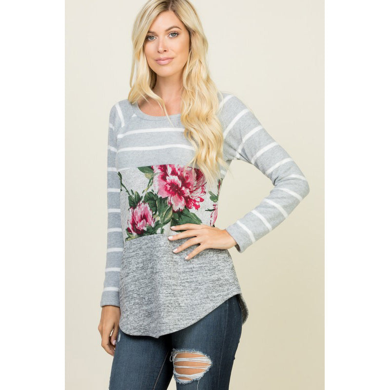 A. Gain Women's Grey Stripe Floral Print Long Sleeve T-Shirt - Casual Comfort Top for Everyday Wear, Office & Date Nights