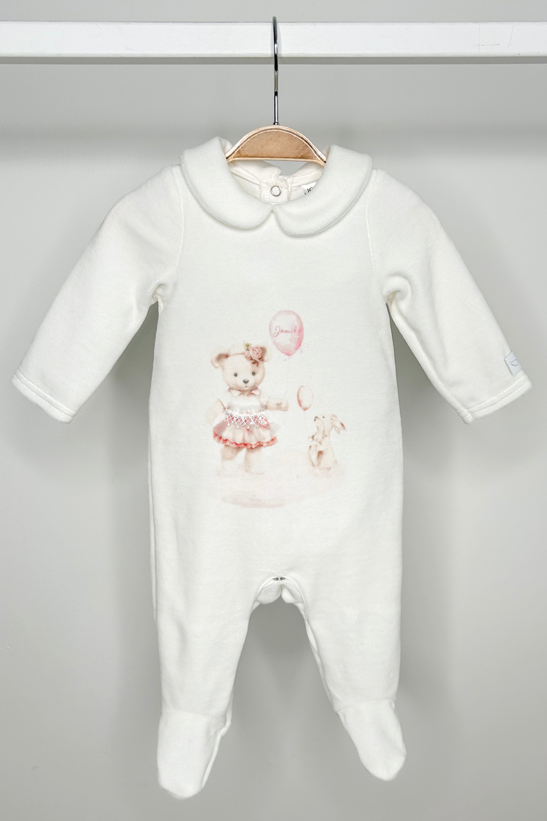 Ivory & Pink Velour Bear Sleepsuit for Baby Girls - Soft & Cozy Winter Pajamas - Perfect for Bedtime, Lounging & Photo Shoots