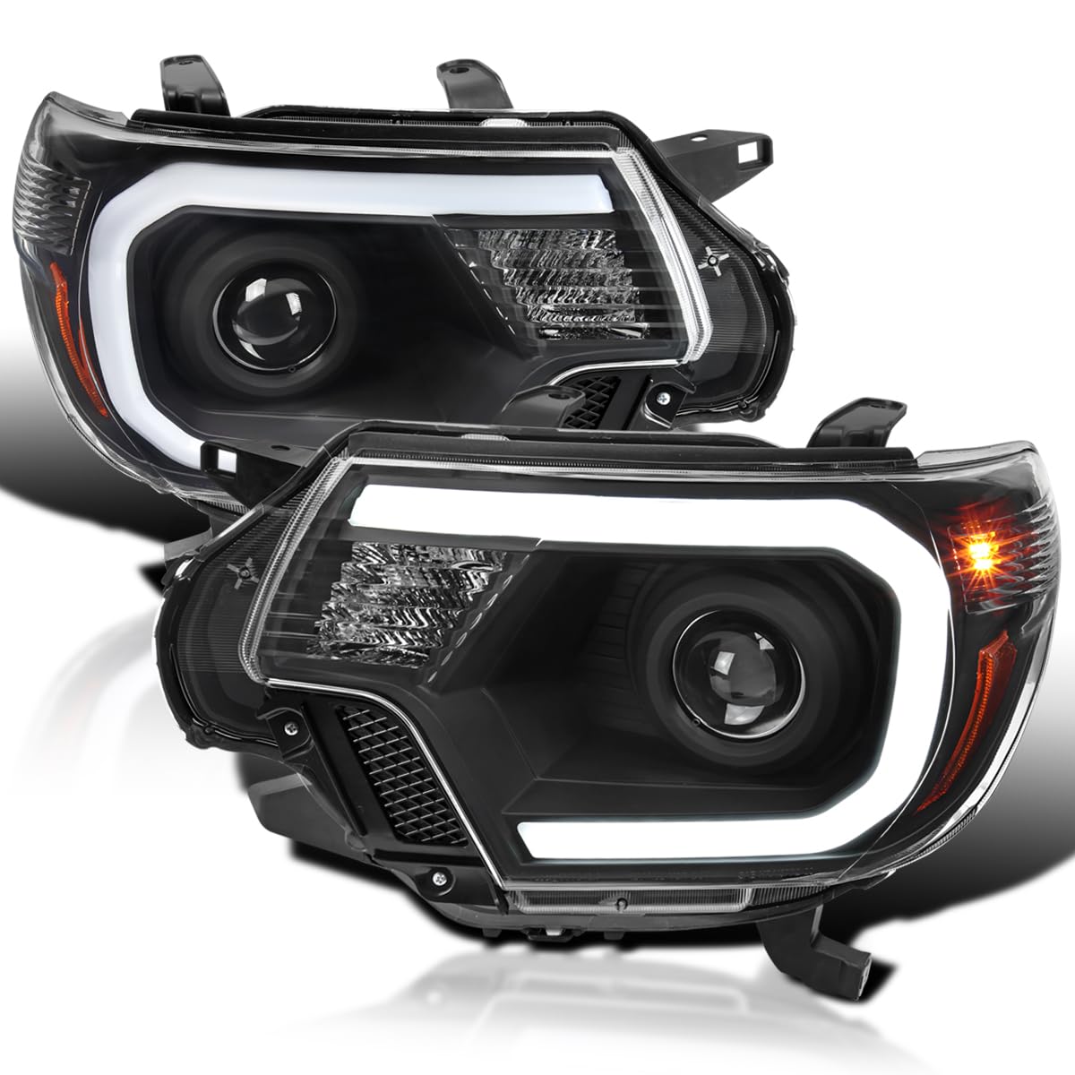 Spec-D Tuning Black Projector Headlights with LED Bar - Compatible with 2012-2015 Toyota Tacoma - Left & Right Headlight Assembly - Upgrade for Off-Road & Night Driving
